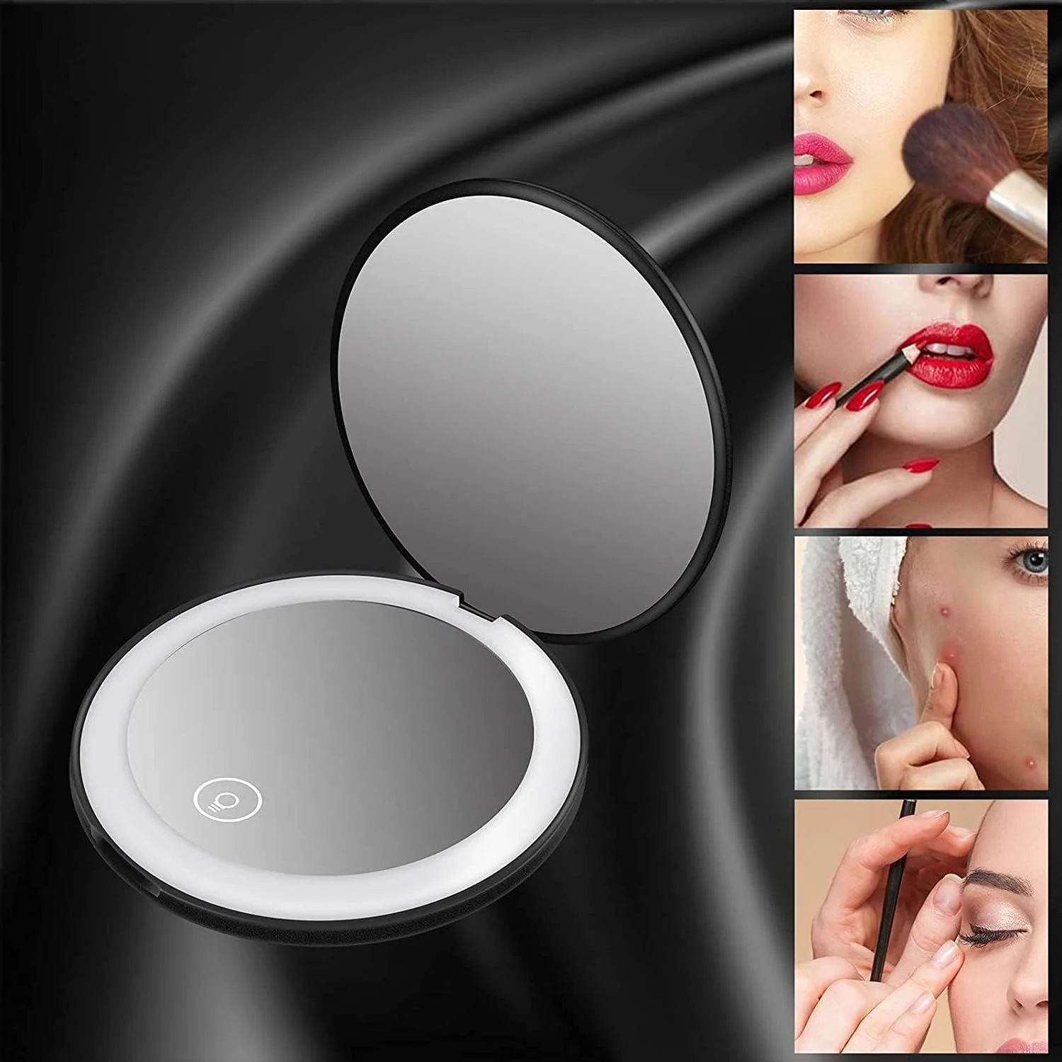 آینه آرایشی فشرده YHRY با نور LED، آینه بزرگنمایی 1X/10X، آینه آرایشی روشن شارژی، روشنایی قابل تنظیم، آینه مسافرتی قابل حمل و جیبی با نور بزرگنمایی