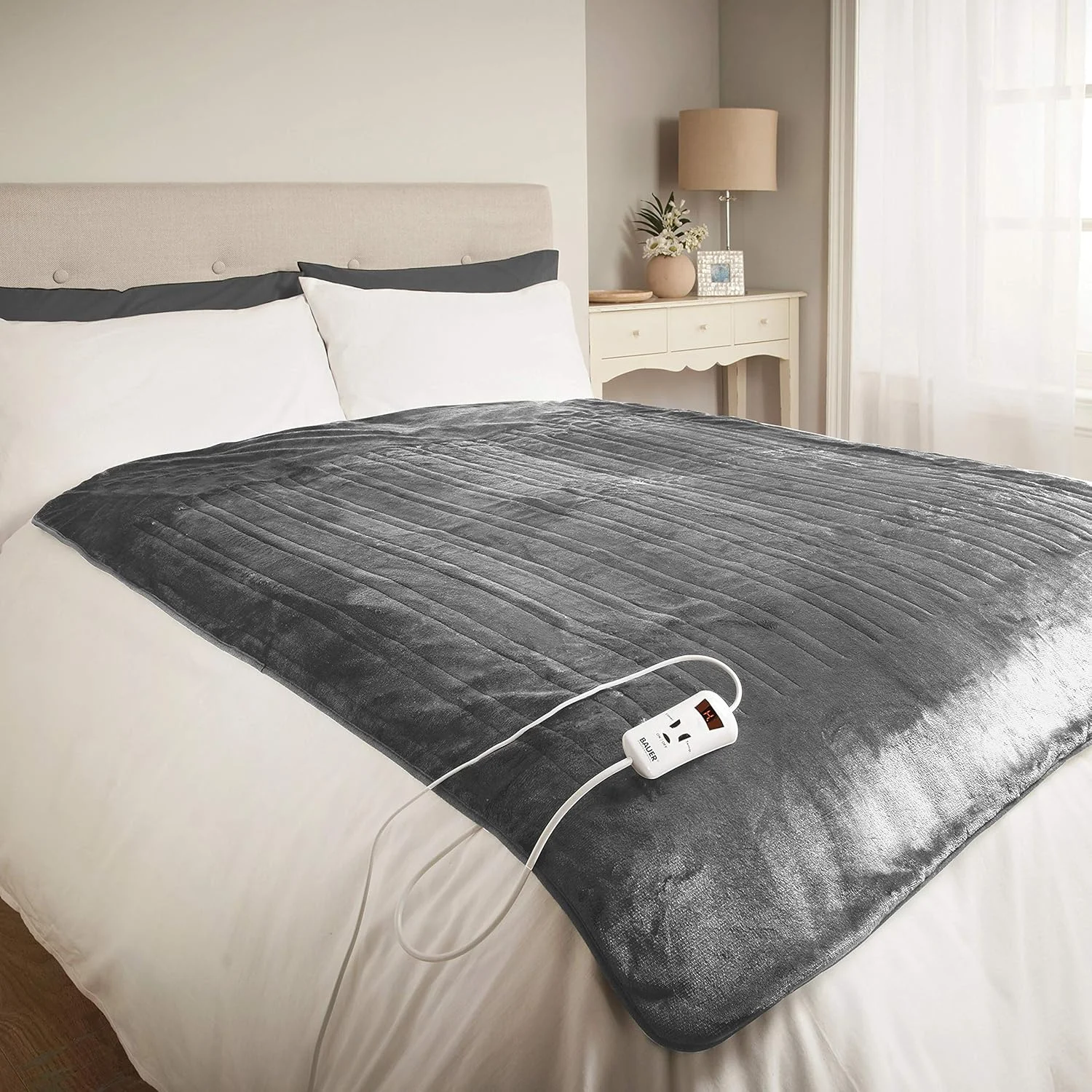 پتو برقی/پشم گوسفند گرم شونده حرفه ای Bauer با 10 سطح حرارت/قابل شستشو در ماشین لباسشویی/بسیار نرم و لطیف/ 120 x 160 سانتی متر (خاکستری، دو نفره)