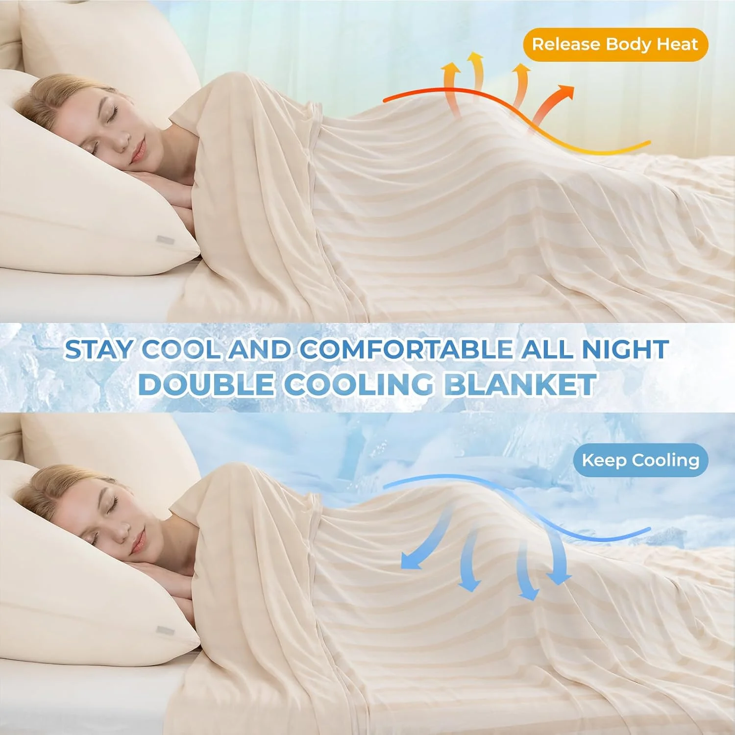 پتو خنک کننده Auemtyn، پتو خنک سایز کوئین با اثر خنک کنندگی دو طرفه تقویت شده، پتوهای تابستانی سبک و تنفسی ژاپنی Q-Max>0.5 برای افراد گرمایی و تعریق شبانه (90"X90", بژ)