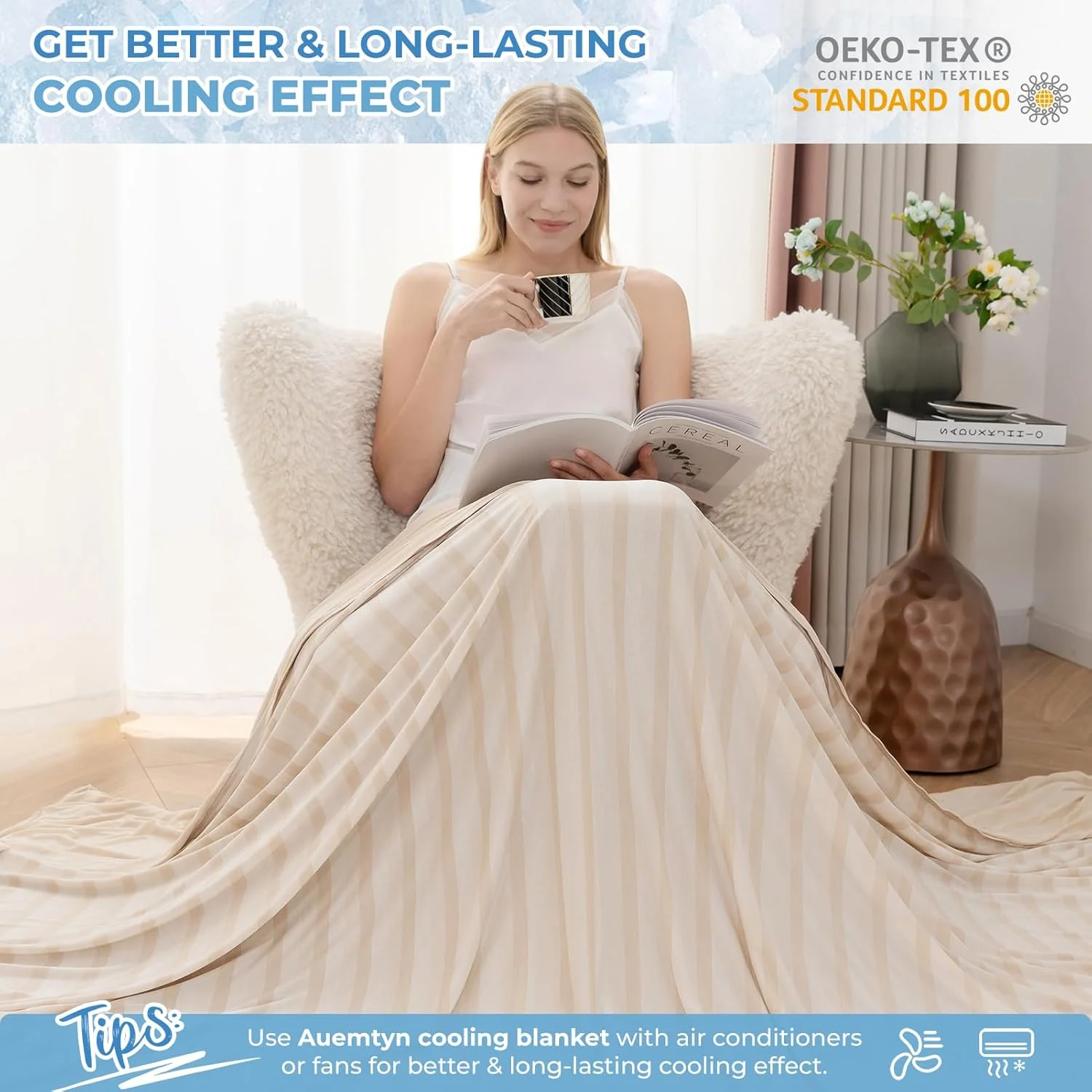 پتو خنک کننده Auemtyn، پتو خنک سایز کوئین با اثر خنک کنندگی دو طرفه تقویت شده، پتوهای تابستانی سبک و تنفسی ژاپنی Q-Max>0.5 برای افراد گرمایی و تعریق شبانه (90"X90", بژ)