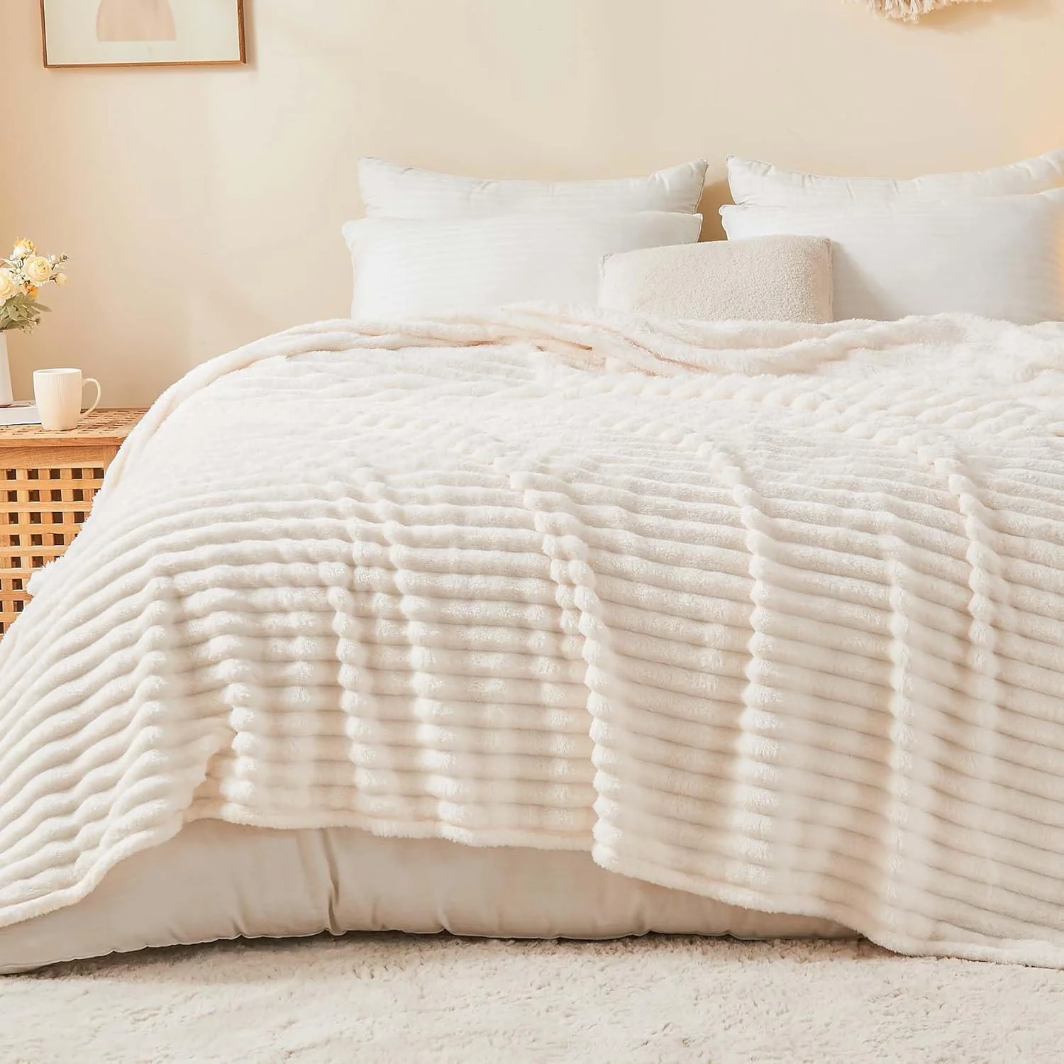 BEDELITE King Size Blanket for Bed, 300GSM Soft & Warm Fleece Blanket, Decorative and Giftable Striped Cream White Blankets for Women, Men, 108"x90" BEDELITE King Size Blanket for Bed, 300GSM Soft & Warm Fleece Blanket, Decorative and Giftable Striped Cream White Blankets for Women, Men, 108"x90"