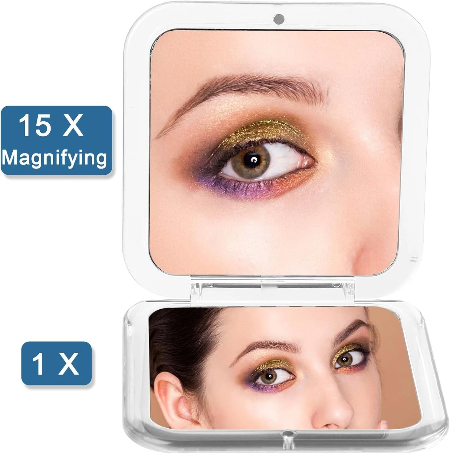 آینه تاشو مربع فشرده Qianyu با بزرگنمایی 1x/15x برای آرایش، مناسب سفر، آینه کوچک جیبی، آینه دستی تاشو قابل حمل دو طرفه با بزرگنمایی 15X و آینه 1X برای کیف پول