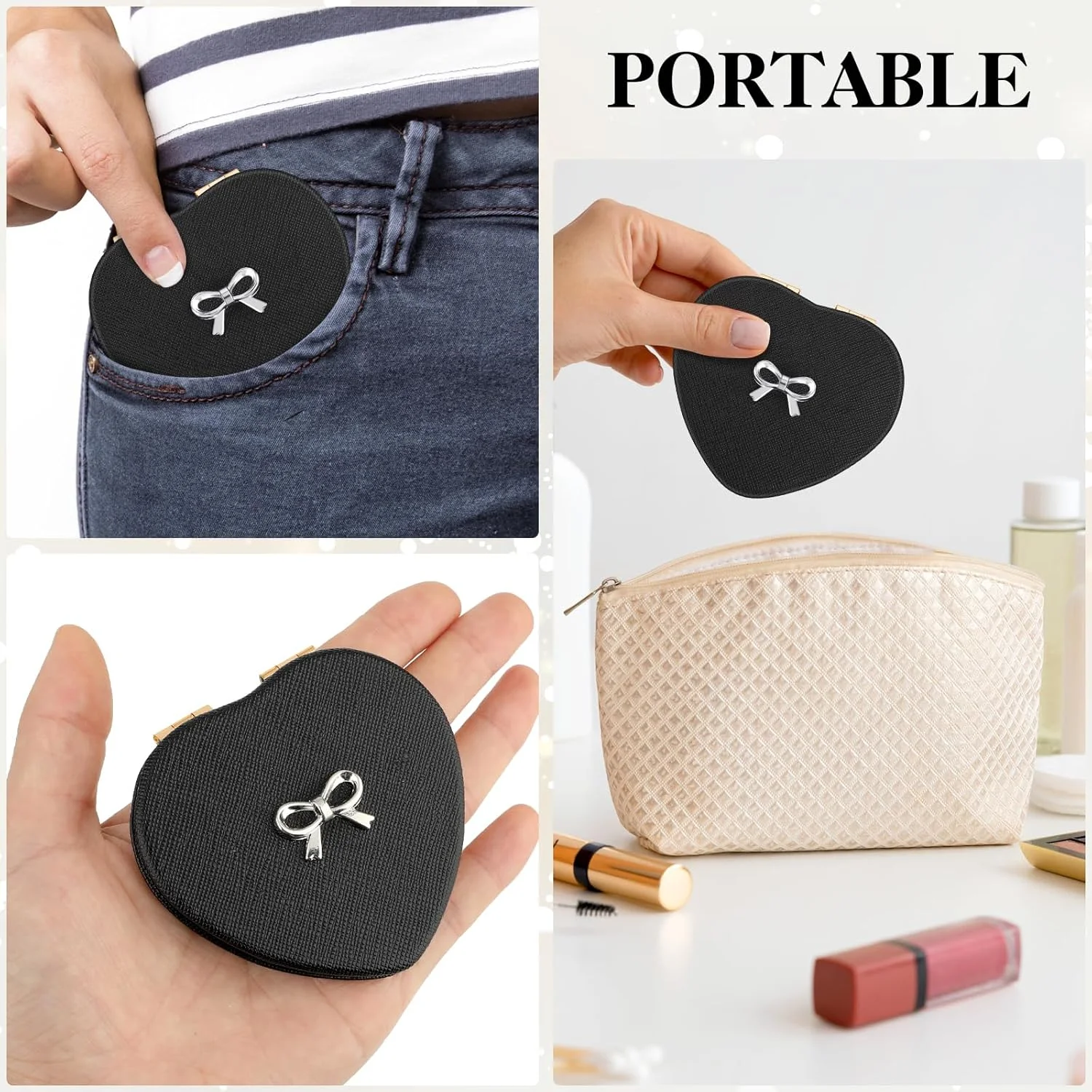 آینه تاشو جمع و جور Qianyu طرح قلب، دو طرفه با بزرگنمایی 1X/2X، آینه آرایشی کوچک و براق، با چرم PU، آینه آرایشی فوق العاده قابل حمل برای زنان، مناسب منزل، محل کار و مسافرت (طلایی)