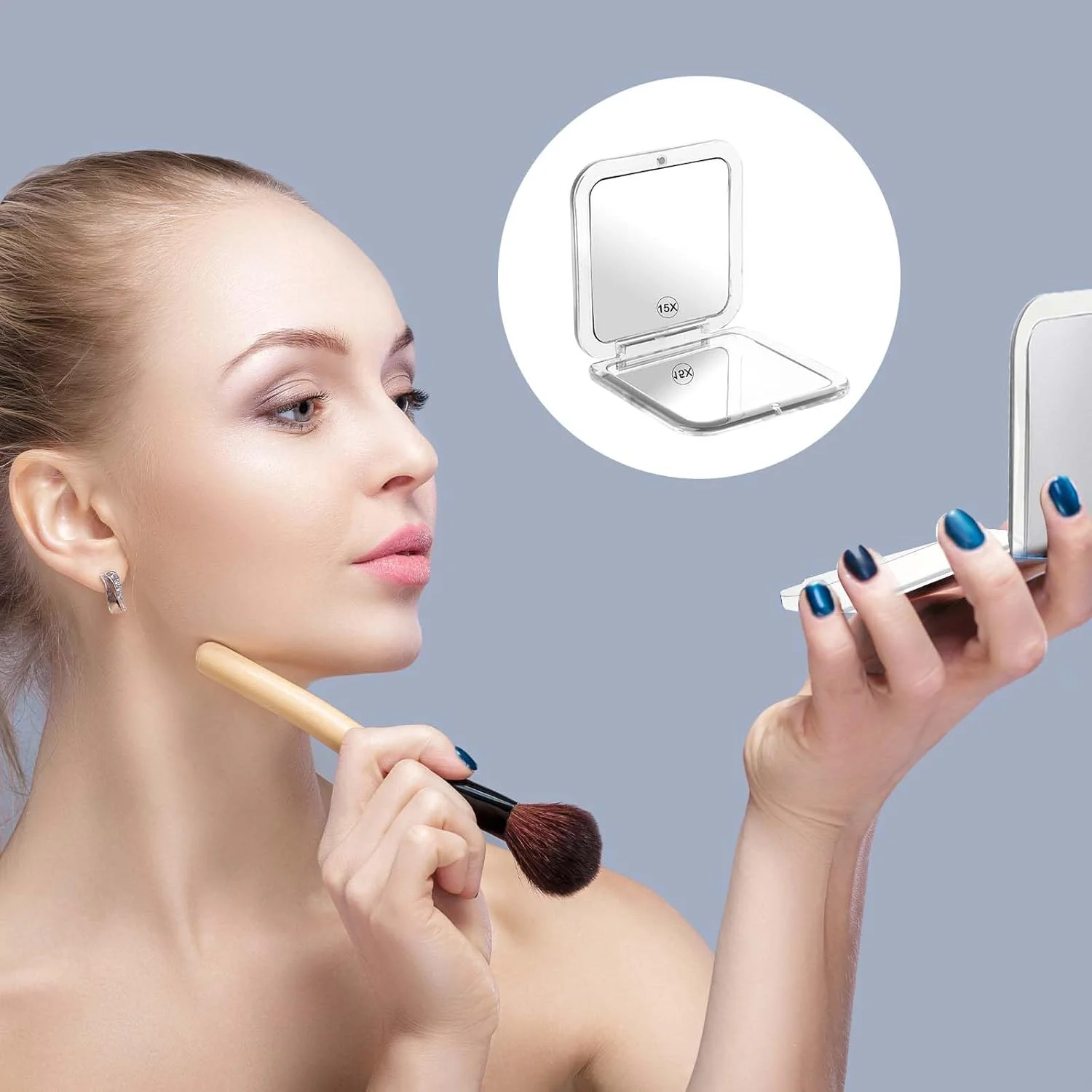 آینه تاشو مربع فشرده Qianyu با بزرگنمایی 1x/15x برای آرایش، مناسب سفر، آینه کوچک جیبی، آینه دستی تاشو قابل حمل دو طرفه با بزرگنمایی 15X و آینه 1X برای کیف پول