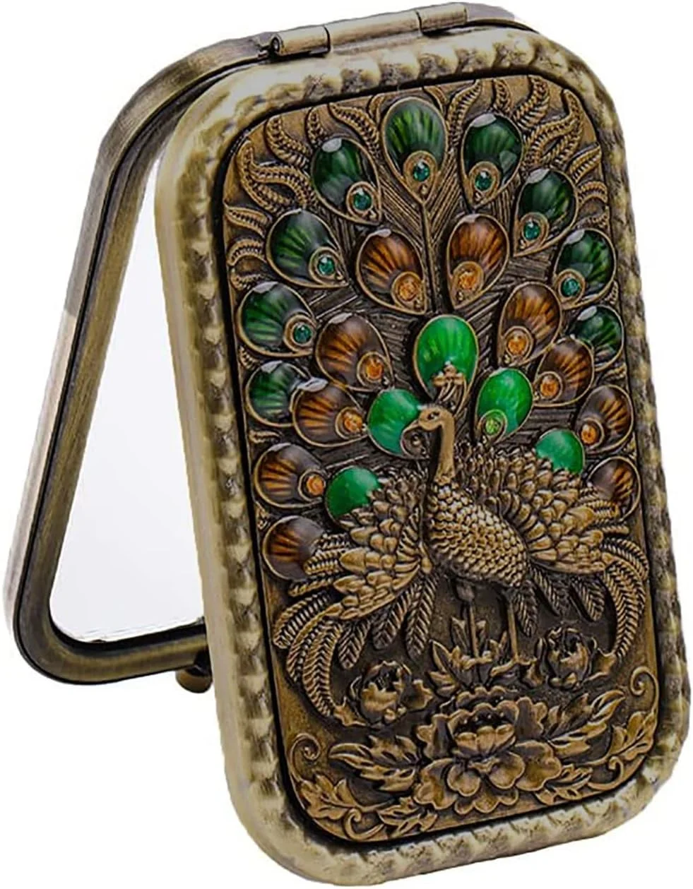 آینه جیبی تاشو فلزی بزرگنمایی شده طرح قدیمی Spatlus به سبک پرنسسی (طرح تصادفی، مجموعه 1 عددی) مستطیلی، قابل نصب روی دیوار، قاب دار، قهوه ای