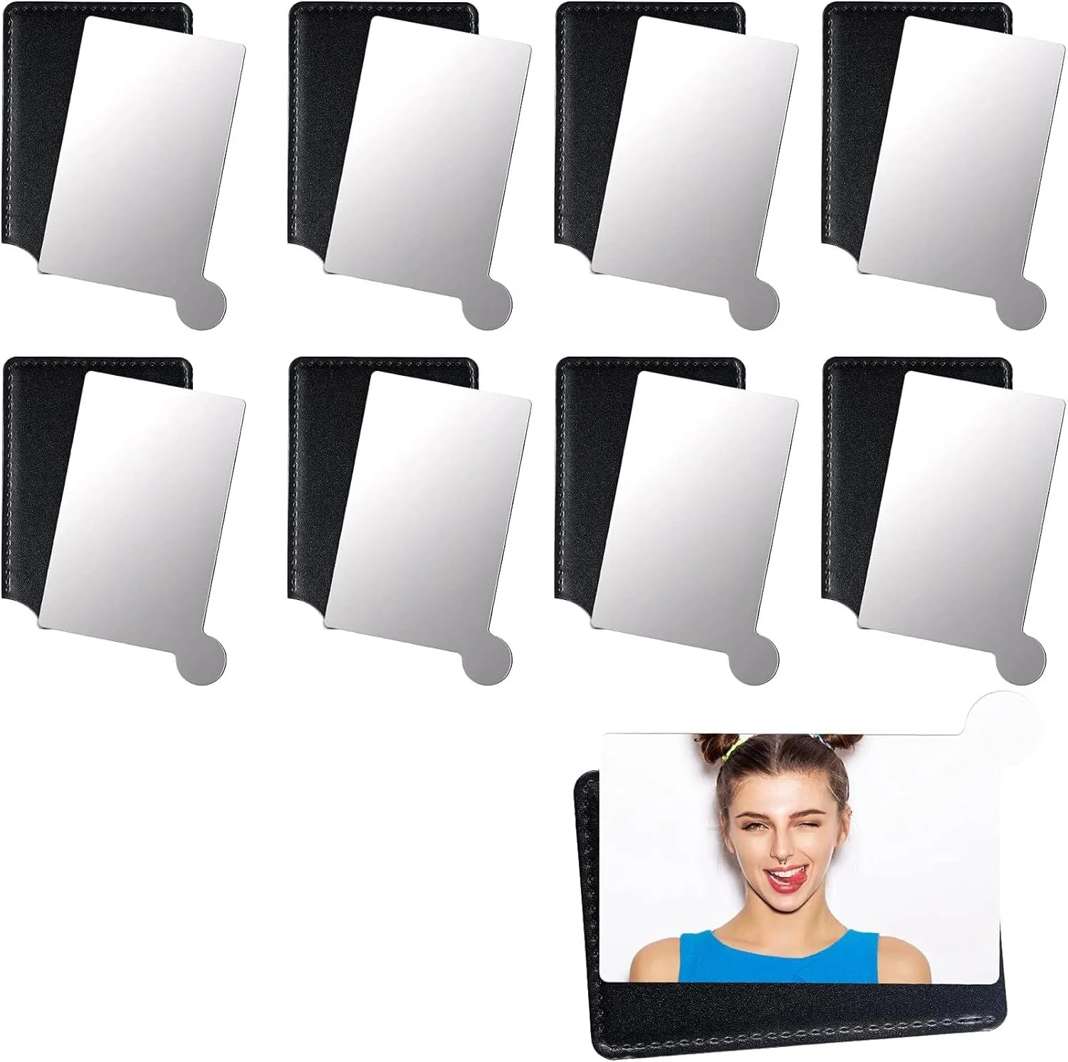 آینه کارتی استیل تزویق، 8 عددی، آینه کوچک نشکن کیف پول، آینه های مستطیلی کوچک دستی با کیف چرمی PU برای آرایش، زنان، مردان