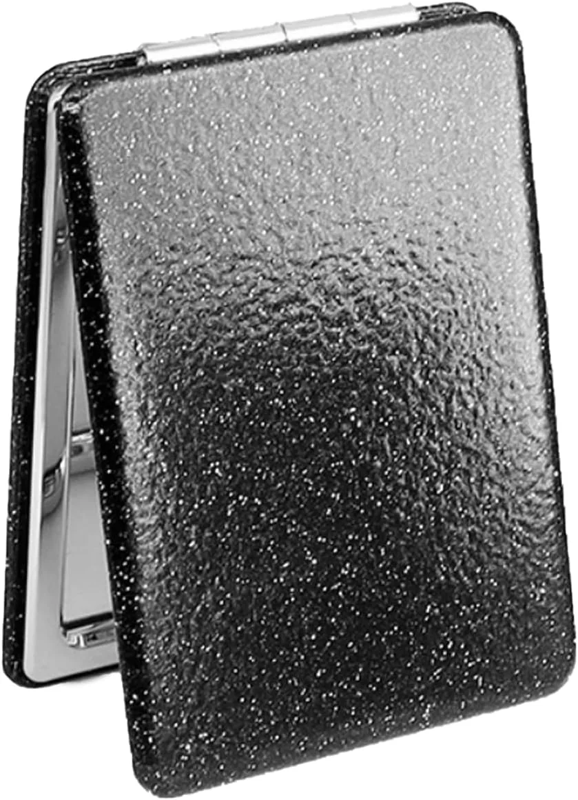 آینه جیبی تاشو SpetngSake، آینه دو طرفه با بزرگنمایی 1X/2X، آینه آرایشی چرمی PU مشکی کلاسیک، قابل حمل، کوچک مناسب سفر (62 x 85 میلی متر)