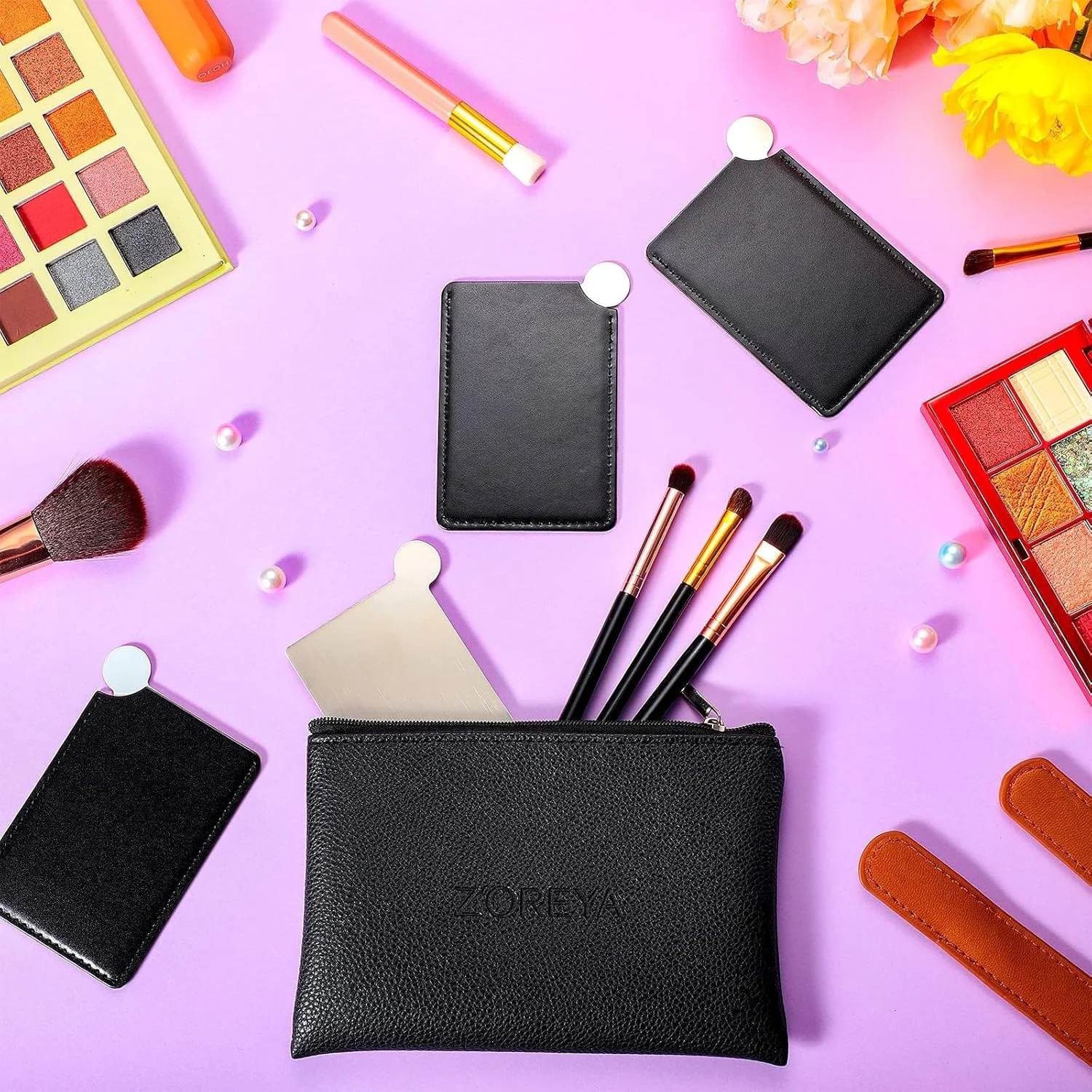 آینه کارتی استیل تزویق، 8 عددی، آینه کوچک نشکن کیف پول، آینه های مستطیلی کوچک دستی با کیف چرمی PU برای آرایش، زنان، مردان