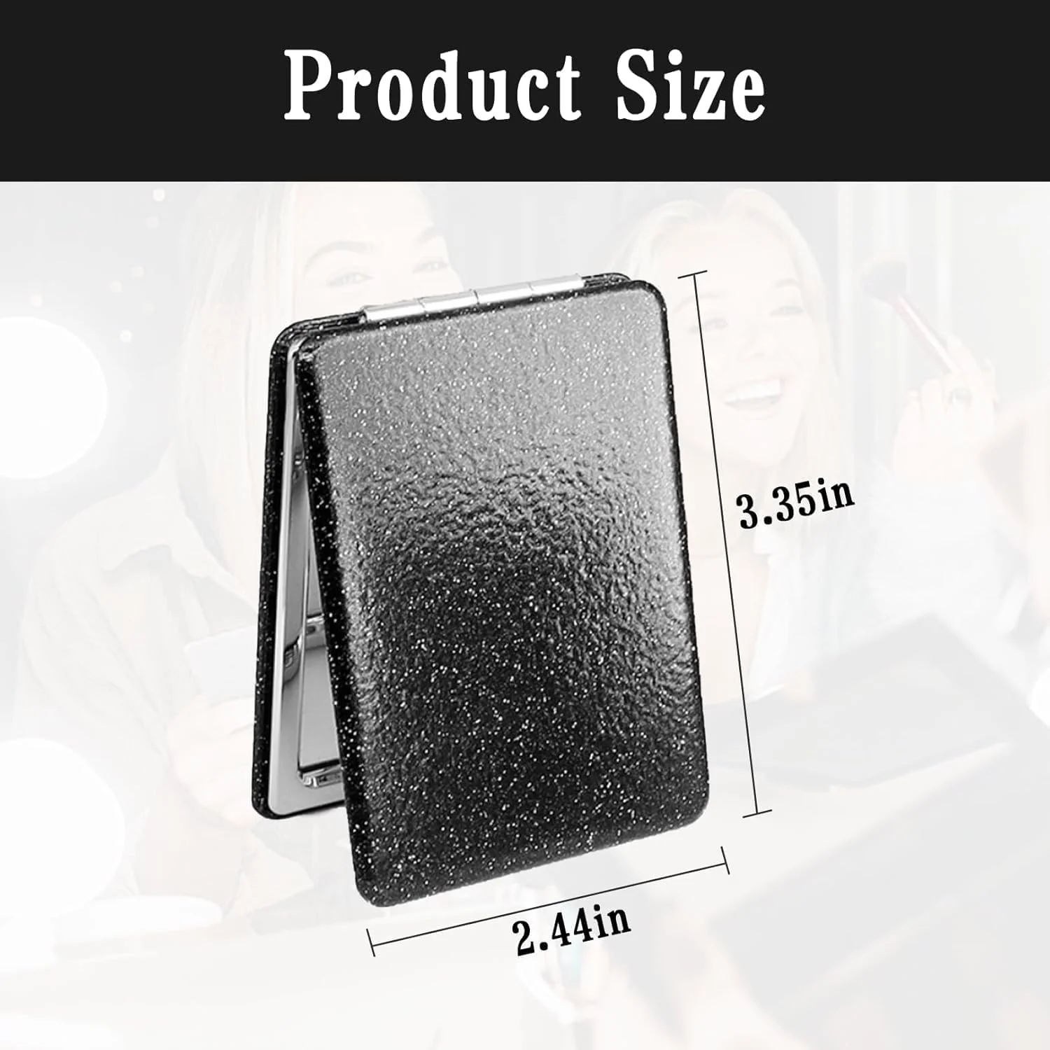 آینه جیبی تاشو SpetngSake، آینه دو طرفه با بزرگنمایی 1X/2X، آینه آرایشی چرمی PU مشکی کلاسیک، قابل حمل، کوچک مناسب سفر (62 x 85 میلی متر)