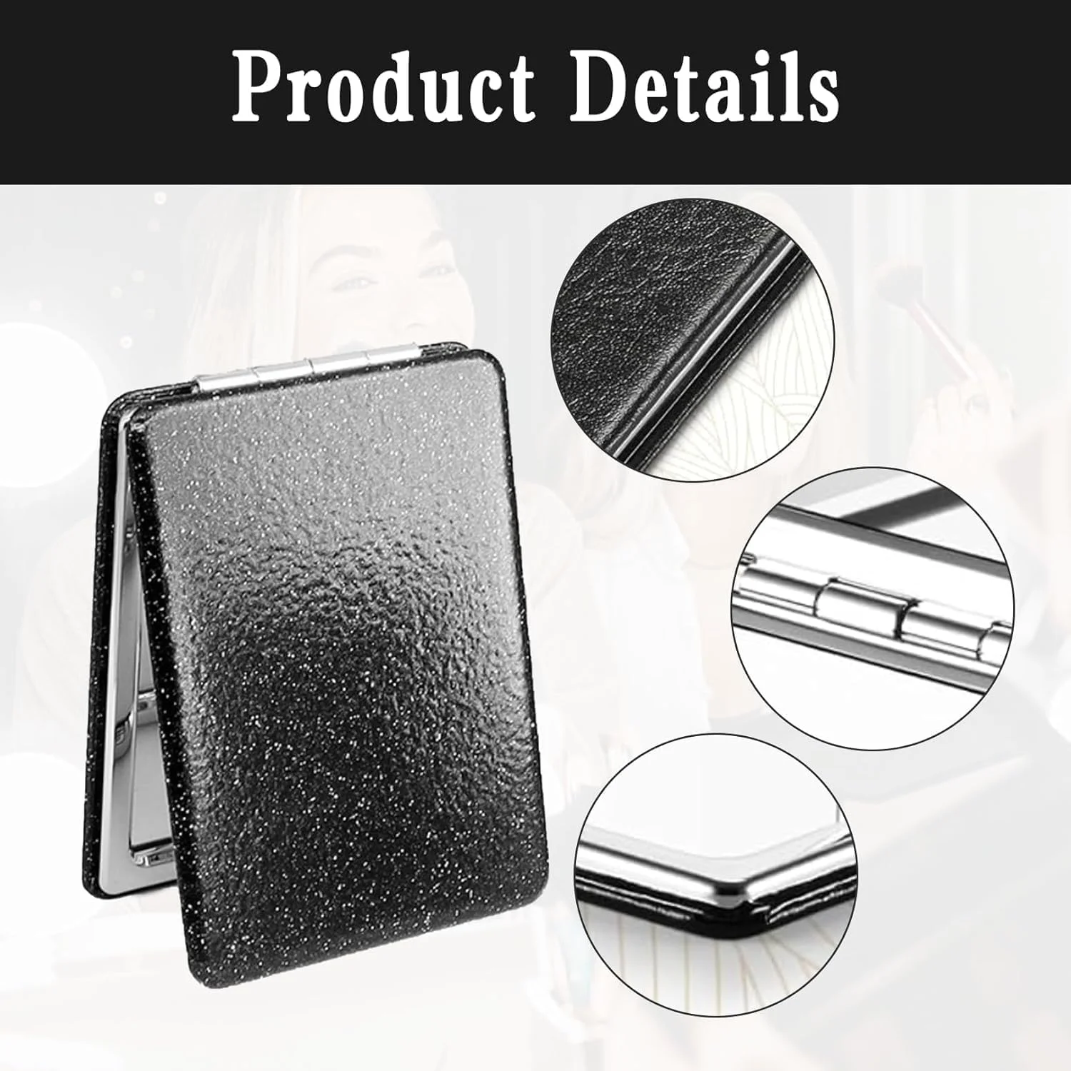 آینه جیبی تاشو SpetngSake، آینه دو طرفه با بزرگنمایی 1X/2X، آینه آرایشی چرمی PU مشکی کلاسیک، قابل حمل، کوچک مناسب سفر (62 x 85 میلی متر)