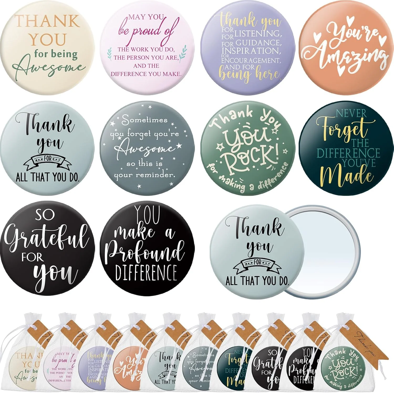 مجموعه 30 عددی آینه آرایشی کوچک انگیزشی Thyle به همراه تگ های تشکر و کیسه های ارگانزا بند دار، آینه مسافرتی قابل حمل، آینه دستی جیبی، هدیه تشکر و قدردانی برای خانم ها، مهمانی عروسی