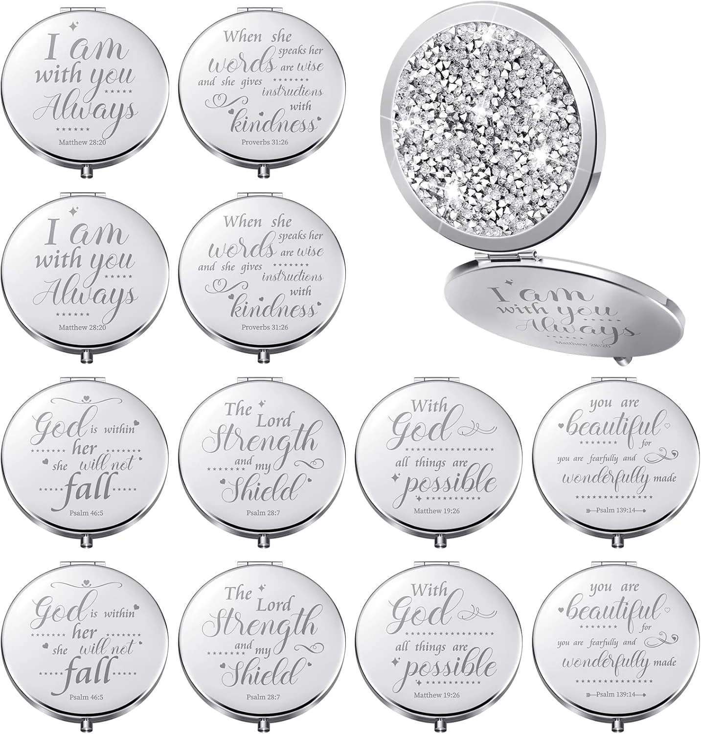 آینه آرایشی تایل 12 عددی با طرح آیات انجیل، هدیه ای الهام بخش برای تولد، غسل تعمید، معلمان، کارمندان و مسافرت (نقره ای)