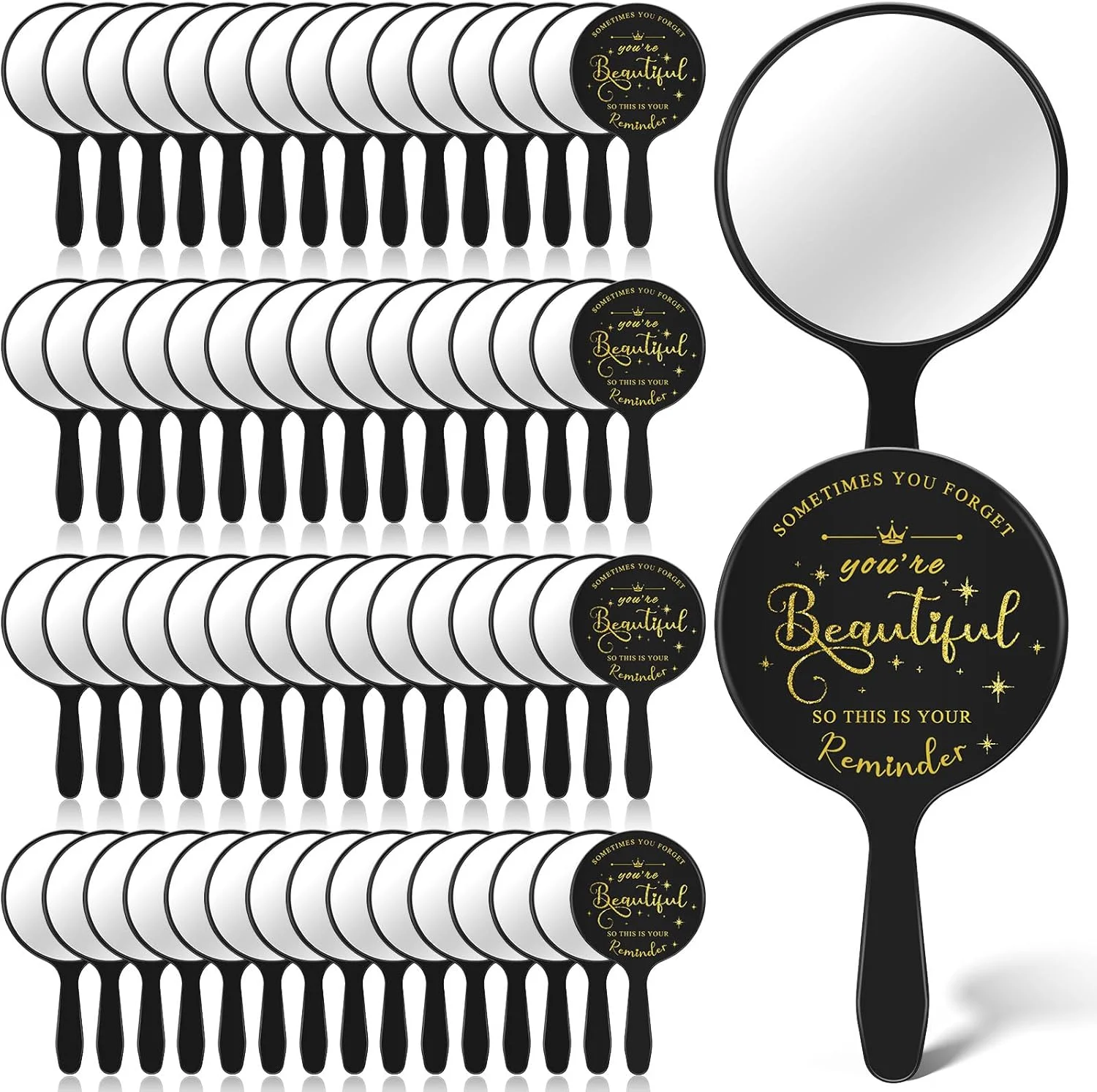 آینه دستی الهام بخش Threehoney، بسته 60 عددی، با دسته، قابل حمل برای مسافرت، آینه گرد کوچک فله ای برای هدیه دوستی، آینه جیبی برای زنان، هدیه فارغ التحصیلی معلم، دوست، 3.94 اینچ طول x 2.17 اینچ عرض (مشکی)
