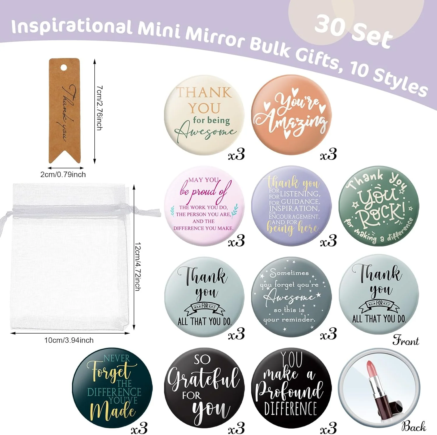 مجموعه 30 عددی آینه آرایشی کوچک انگیزشی Thyle به همراه تگ های تشکر و کیسه های ارگانزا بند دار، آینه مسافرتی قابل حمل، آینه دستی جیبی، هدیه تشکر و قدردانی برای خانم ها، مهمانی عروسی
