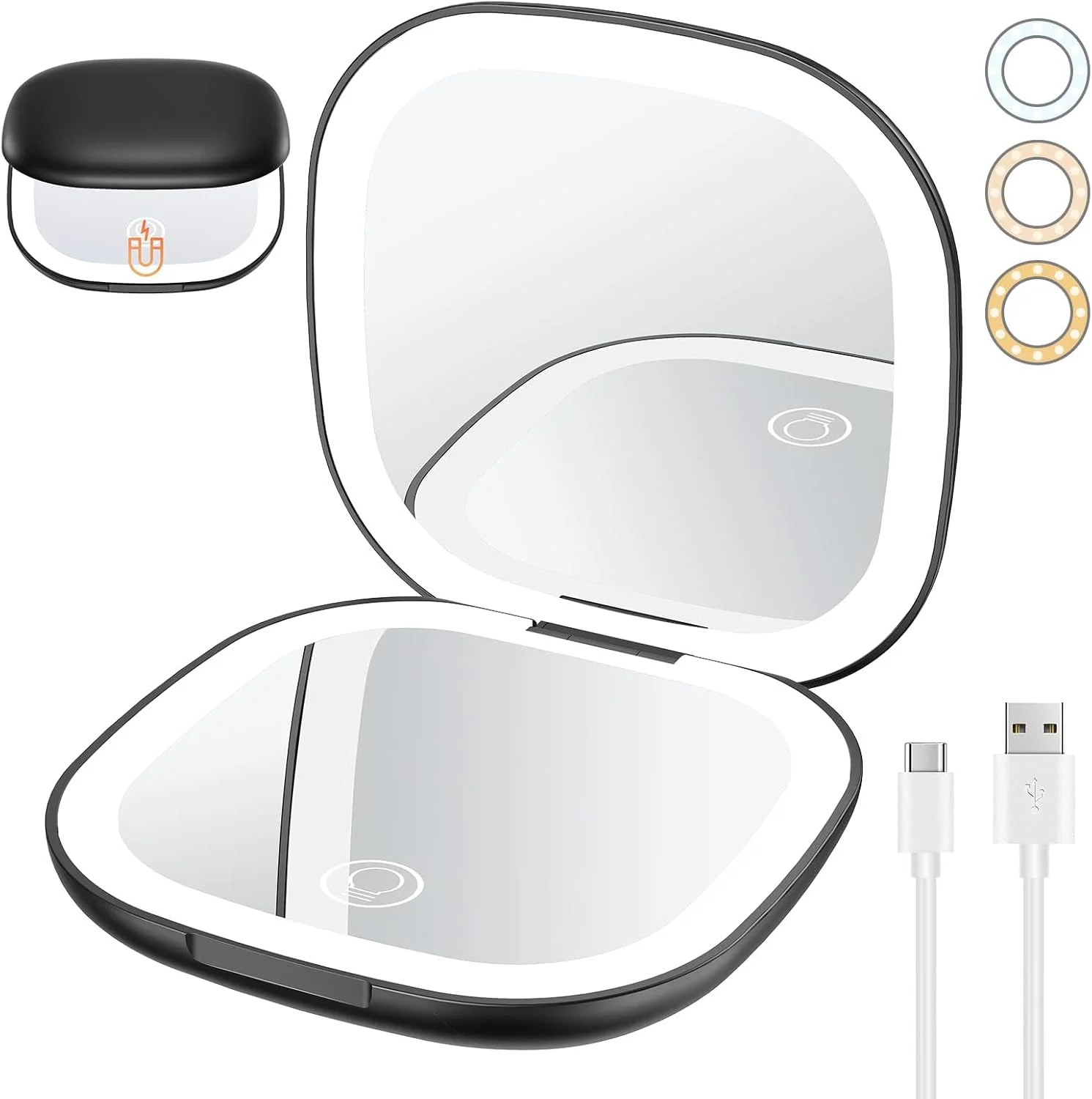 آینه آرایشی فشرده TERRIFI، آینه آرایشی قابل شارژ، آینه مسافرتی روشن با بزرگنمایی دو طرفه 1X/10X و نور قابل تنظیم، آینه جیبی قابل حمل برای کیف دستی و جیب