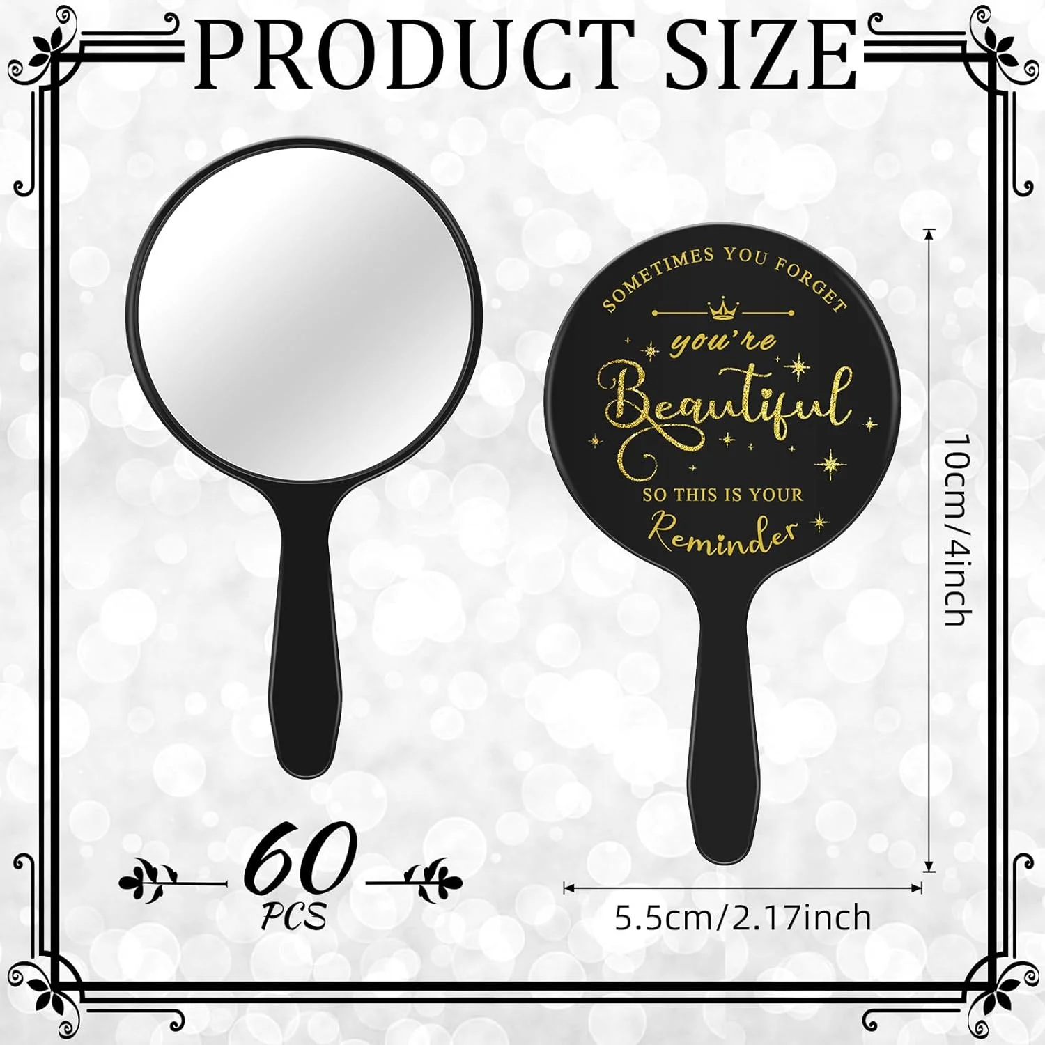 آینه دستی الهام بخش Threehoney، بسته 60 عددی، با دسته، قابل حمل برای مسافرت، آینه گرد کوچک فله ای برای هدیه دوستی، آینه جیبی برای زنان، هدیه فارغ التحصیلی معلم، دوست، 3.94 اینچ طول x 2.17 اینچ عرض (مشکی)