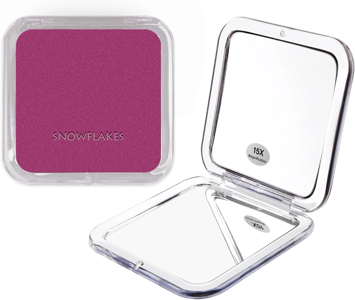 آینه آرایشی دو طرفه مسافرتی SNOWFLAKES - بزرگنمایی 1x/15x - آینه جیبی مربعی کوچک 8.4x8.4 سانتی متر - آینه تاشو دستی (بنفش)