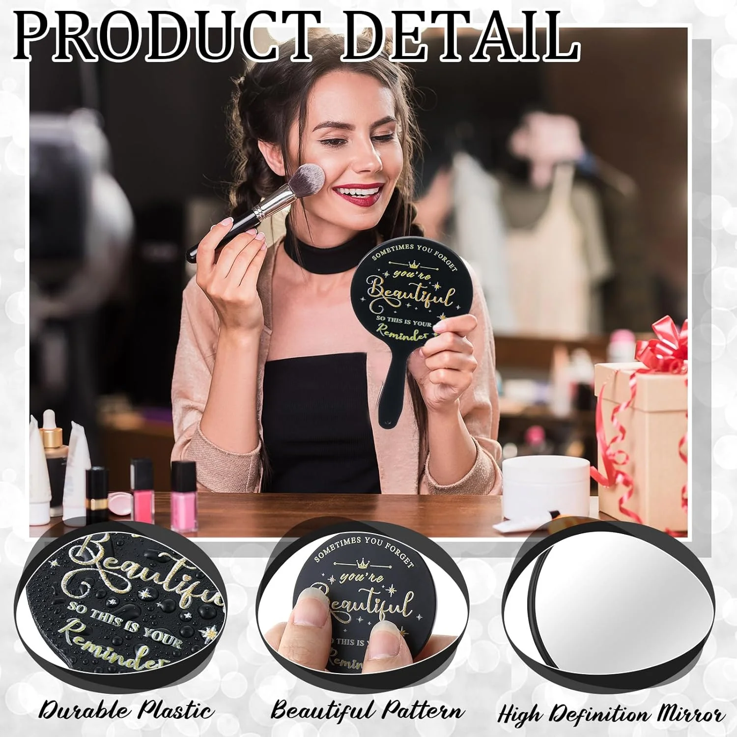 آینه دستی الهام بخش Threehoney، بسته 60 عددی، با دسته، قابل حمل برای مسافرت، آینه گرد کوچک فله ای برای هدیه دوستی، آینه جیبی برای زنان، هدیه فارغ التحصیلی معلم، دوست، 3.94 اینچ طول x 2.17 اینچ عرض (مشکی)