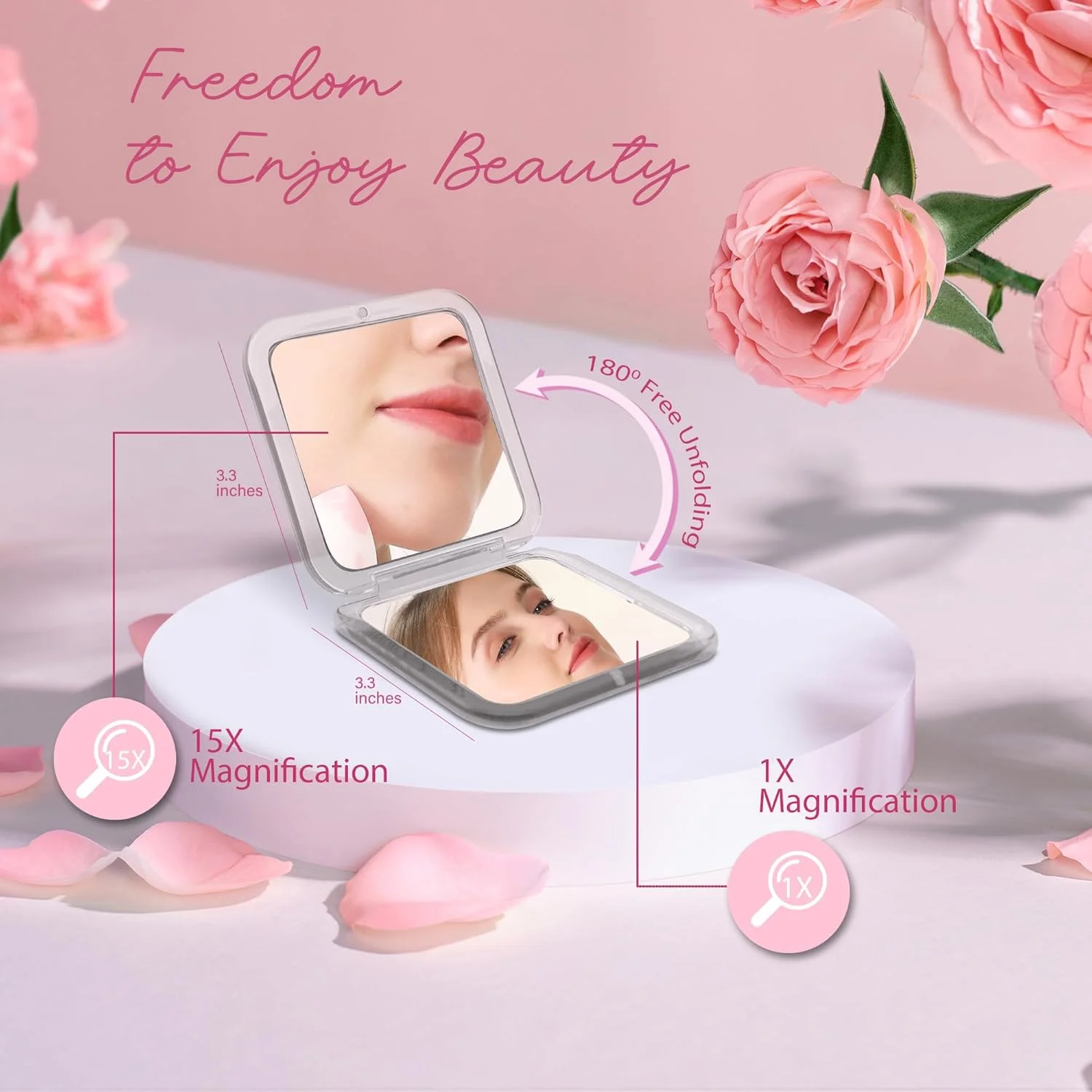 آینه آرایشی دو طرفه مسافرتی SNOWFLAKES - بزرگنمایی 1x/15x - آینه جیبی مربعی کوچک 8.4x8.4 سانتی متر - آینه تاشو دستی (بنفش)