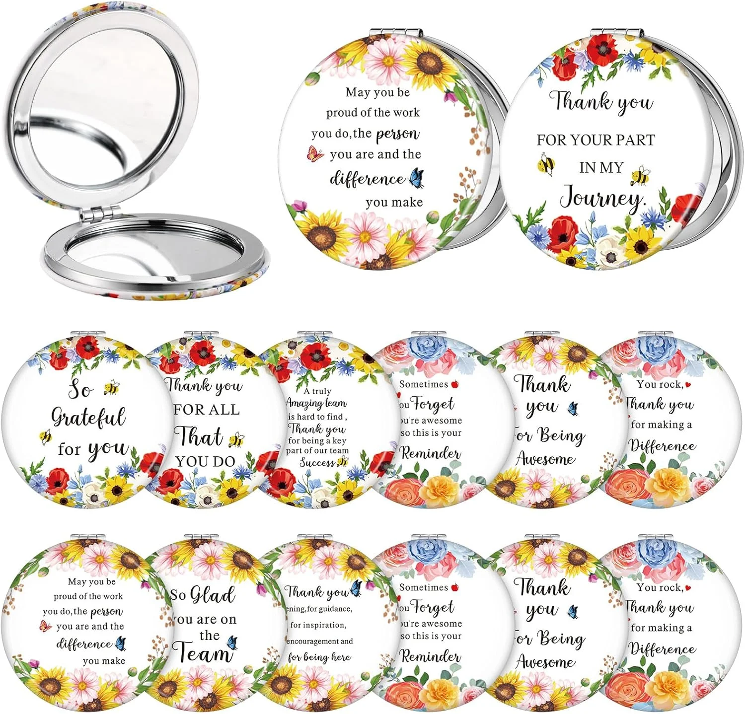 Sintuff 12 Pcs Inspirational Compact Mirror Bulk Thank You Gift Appreciation Gift Pocket Mirror for Women Folding Handheld Double Sided Mirror 1x/2x Gift for Women Coworker Employee Nurse