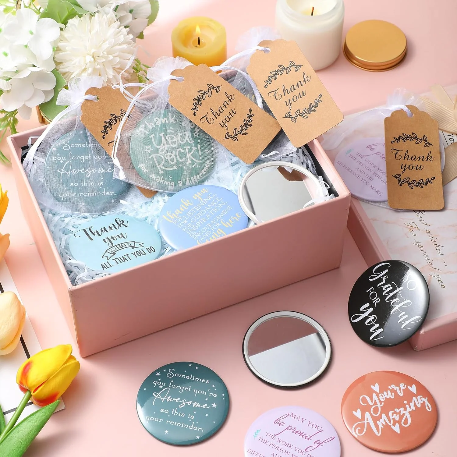 مجموعه 30 عددی آینه آرایشی کوچک انگیزشی Thyle به همراه تگ های تشکر و کیسه های ارگانزا بند دار، آینه مسافرتی قابل حمل، آینه دستی جیبی، هدیه تشکر و قدردانی برای خانم ها، مهمانی عروسی