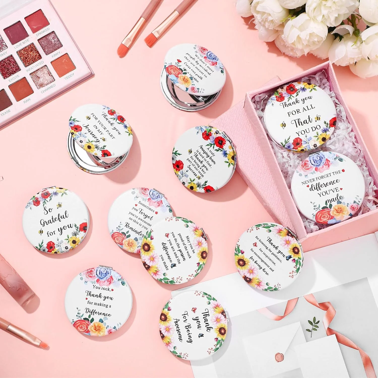 Sintuff 12 Pcs Inspirational Compact Mirror Bulk Thank You Gift Appreciation Gift Pocket Mirror for Women Folding Handheld Double Sided Mirror 1x/2x Gift for Women Coworker Employee Nurse