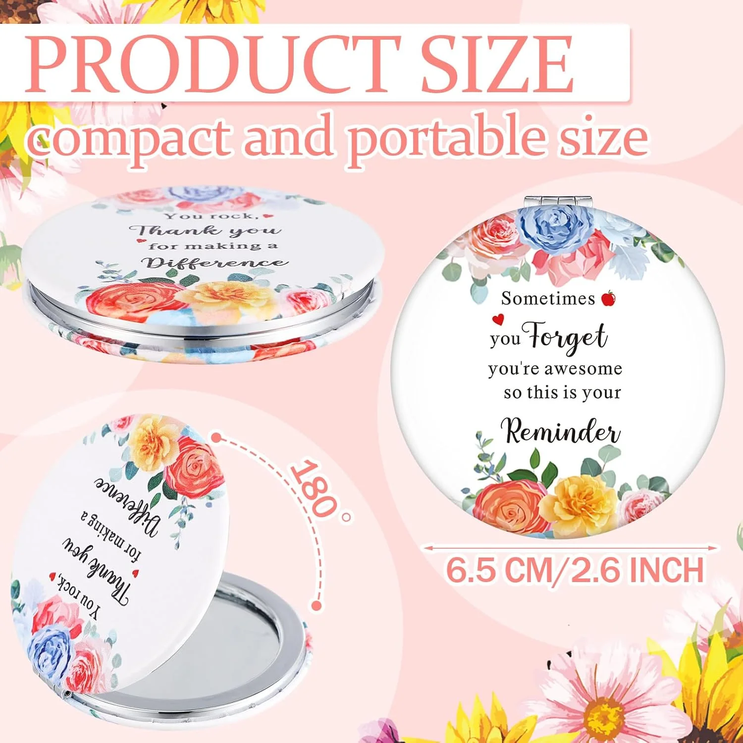 Sintuff 12 Pcs Inspirational Compact Mirror Bulk Thank You Gift Appreciation Gift Pocket Mirror for Women Folding Handheld Double Sided Mirror 1x/2x Gift for Women Coworker Employee Nurse