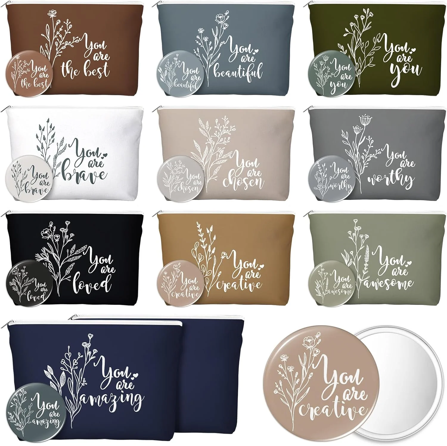 ورکرافت 20 عدد کیف آرایشی بوم الهام بخش هدیه قدردانی از کارمندان، آینه های فشرده، کیف لوازم آرایشی فله ای، آینه گرد قابل حمل، هدیه تشکر از زنان (بوهو)