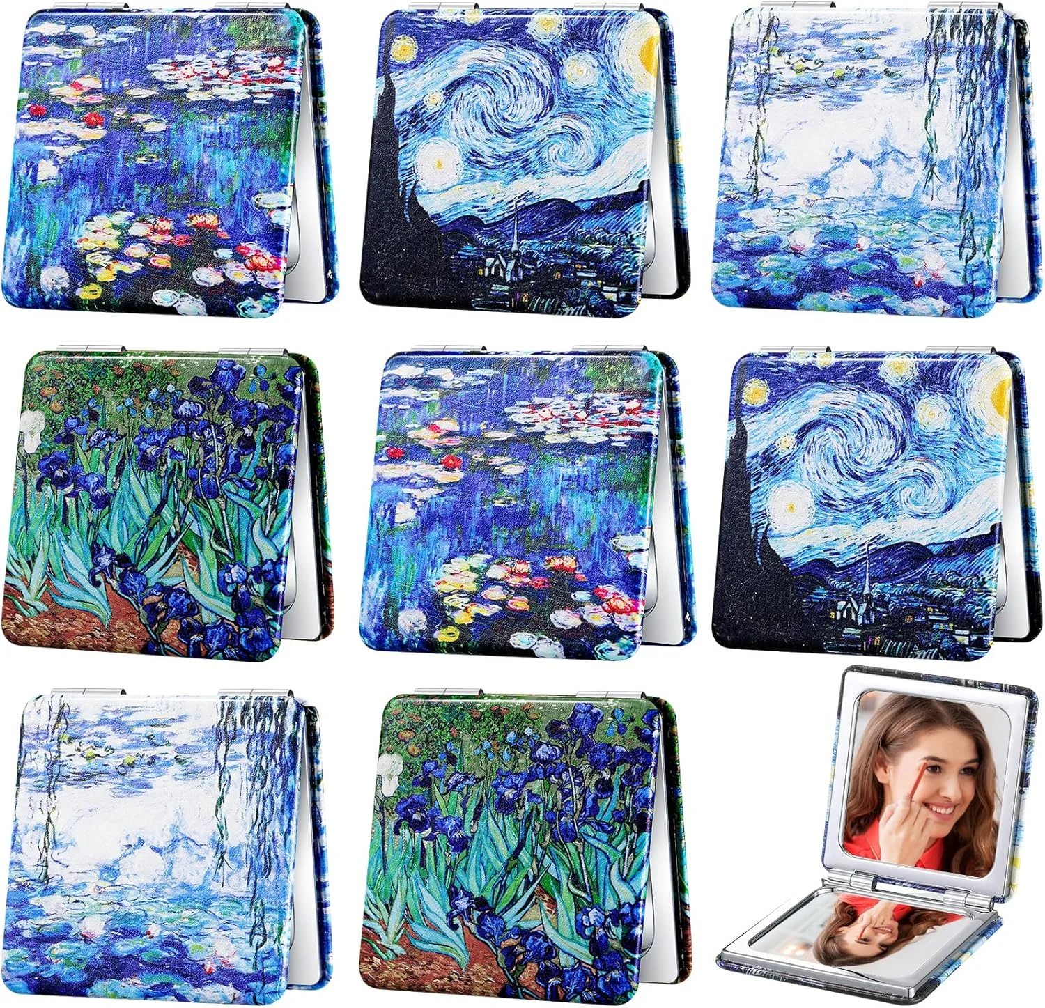 آینه آرایشی دو طرفه مربع چرمی Vercraft، بسته 8 عددی، آینه جیبی قابل حمل با بزرگنمایی 2X1X، هدیه هنری برای بانوان