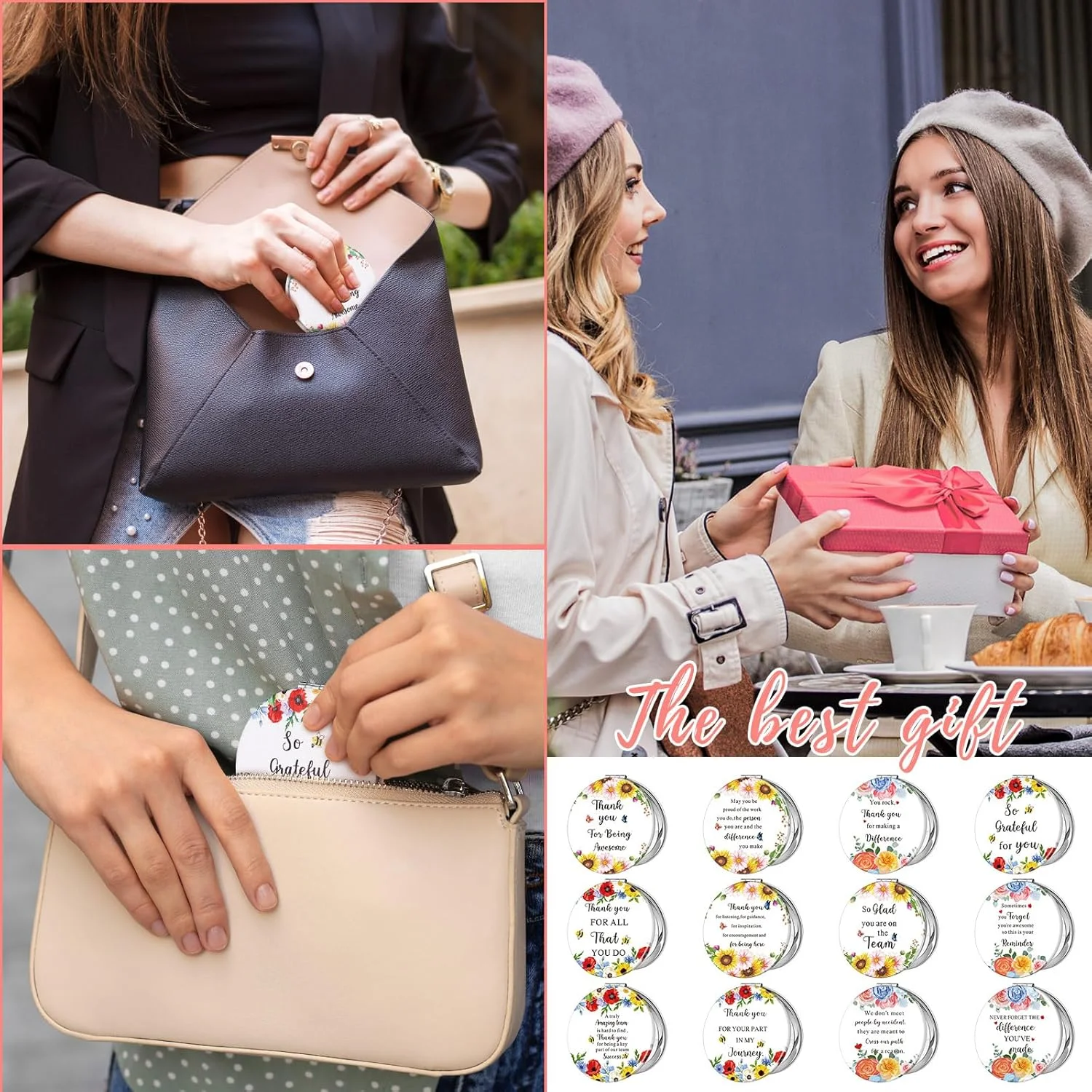Sintuff 12 Pcs Inspirational Compact Mirror Bulk Thank You Gift Appreciation Gift Pocket Mirror for Women Folding Handheld Double Sided Mirror 1x/2x Gift for Women Coworker Employee Nurse