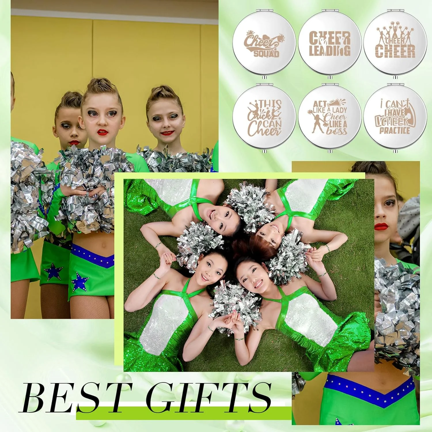 Sintuff 12 Pcs Cheer Gifts for Cheerleaders Cheerleading Compact Mirror Bulk Cheer for Coach Cheerleader Gifts Folding Pocket Cosmetic Purse Mirror for Cheer Team Mirror Accessories (Green, Silver) Sintuff 12 Pcs Cheer Gifts for Cheerleaders Cheerleading Compact Mirror Bulk Cheer for Coach Cheerleader Gifts Folding Pocket Cosmetic Purse Mirror for Cheer Team Mirror Accessories (Green, Silver)