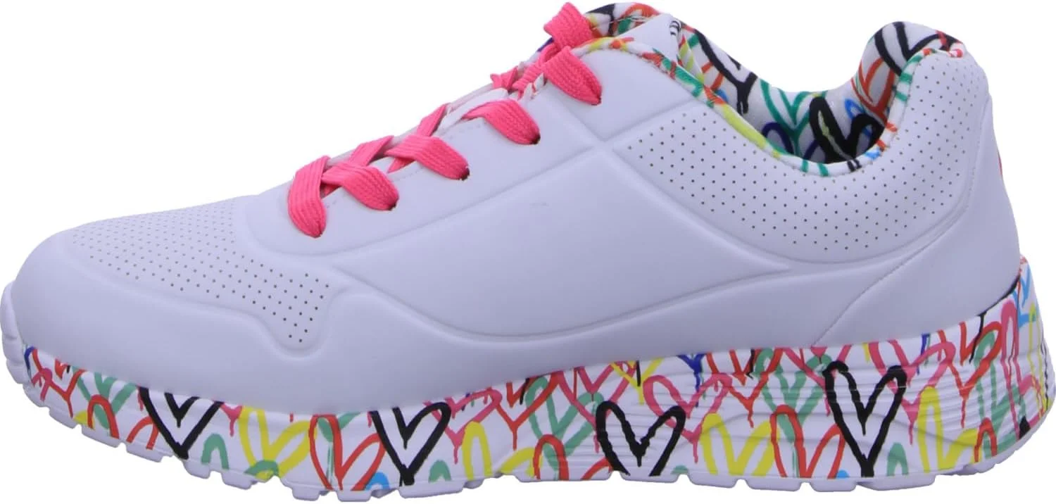 کفش ورزشی دخترانه اسکیچرز مدل Uno Lite Lovely Luv، سفید، جنس مصنوعی با تزیین صورتی، سایز 39 EU کفش ورزشی دخترانه اسکیچرز مدل Uno Lite Lovely Luv، سفید، جنس مصنوعی با تزیین صورتی، سایز 39 EU