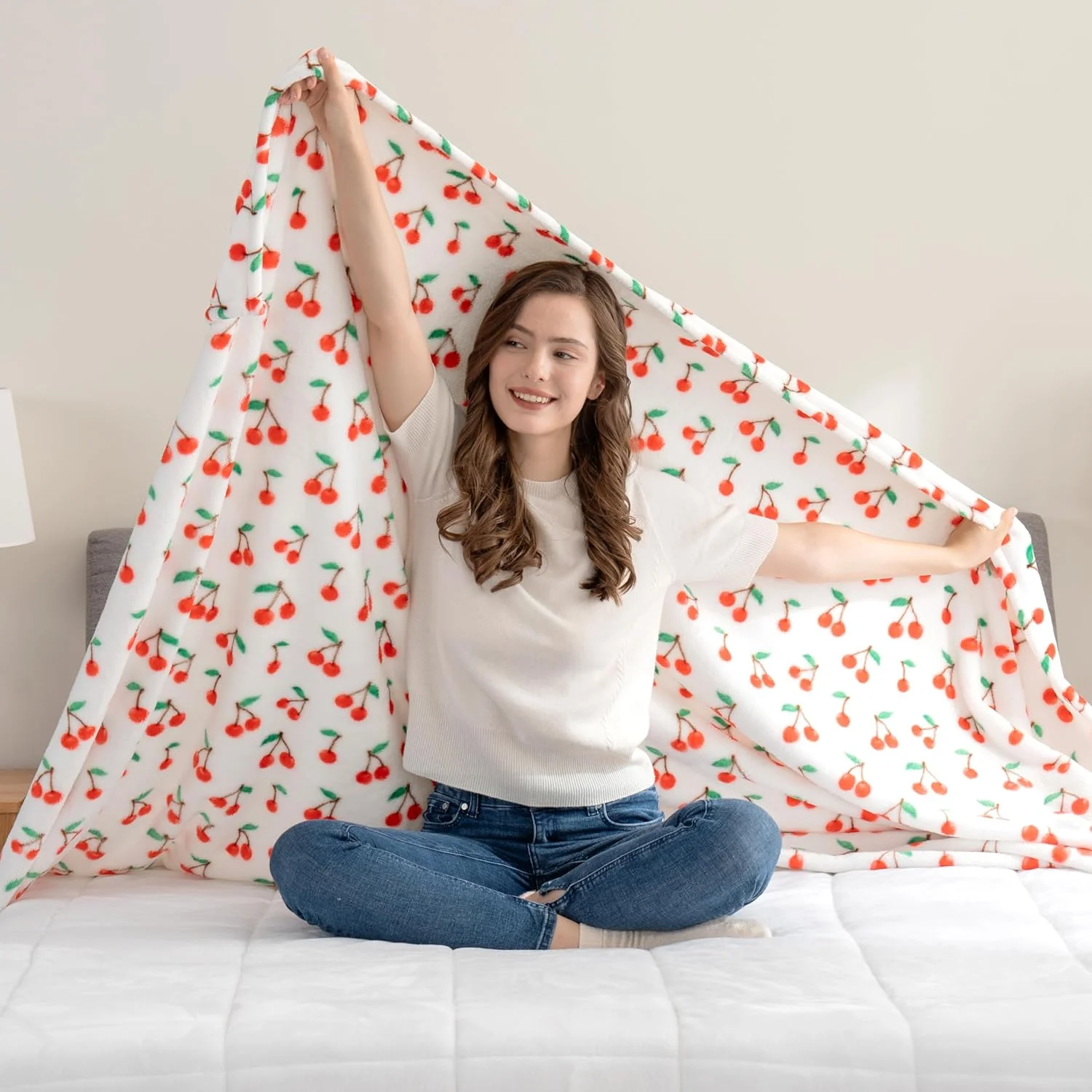 Berkshire Blanket-Classic Heavyweight Warm Soft Printed VelvetLoft® Plush Blanket, King Size Soft Fuzzy Blanket for Couch Sofa Bed, Cherries Toss White, 90in x 108in