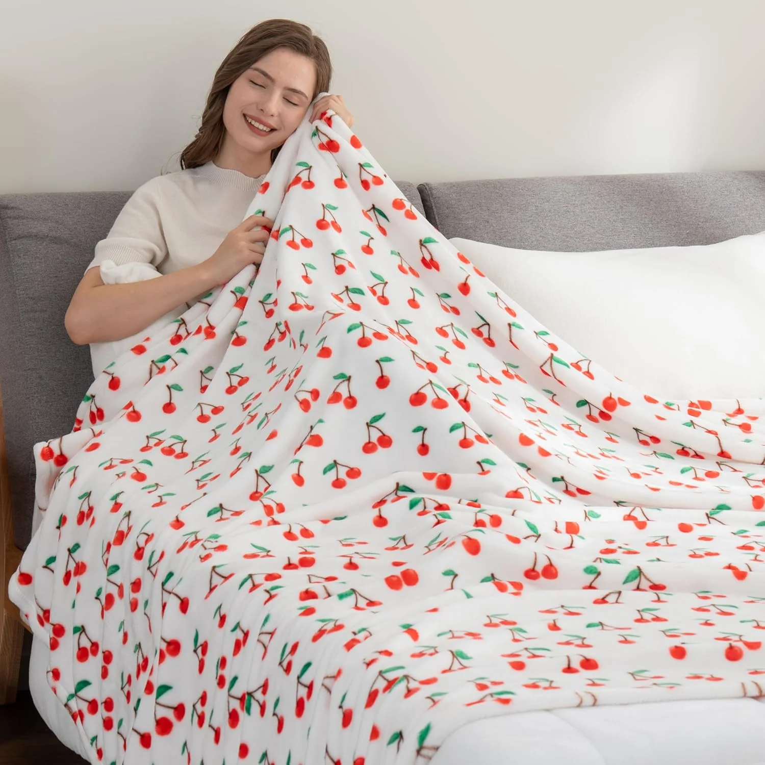 Berkshire Blanket-Classic Heavyweight Warm Soft Printed VelvetLoft® Plush Blanket, King Size Soft Fuzzy Blanket for Couch Sofa Bed, Cherries Toss White, 90in x 108in