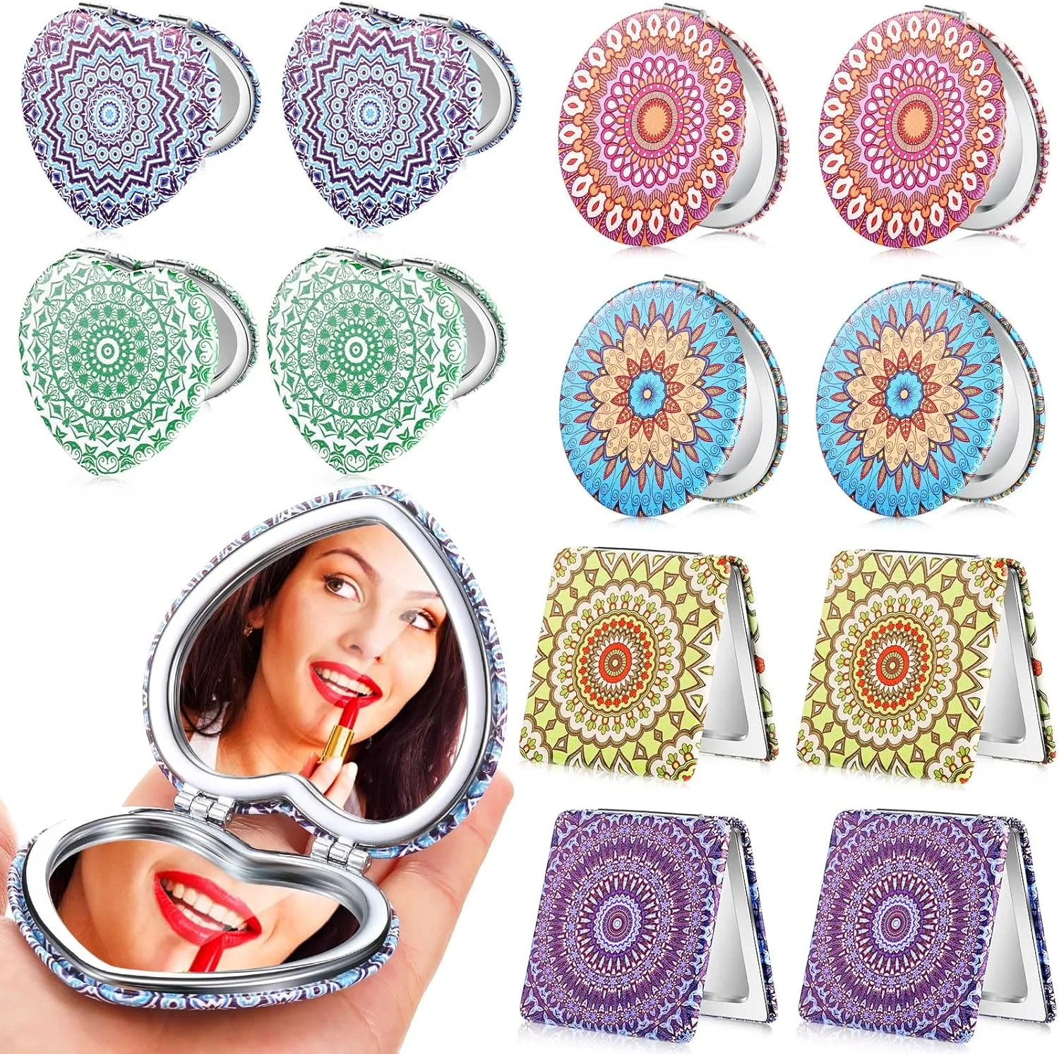 آینه جیبی طرح ماندالا Yalikop، آینه آرایشی کوچک مسافرتی، لوازم جانبی جمع و جور کیف پول، آینه جیبی دو طرفه بزرگنمایی زیبایی، آینه دستی تاشو چرمی PU قابل حمل برای زنان (12 عدد)