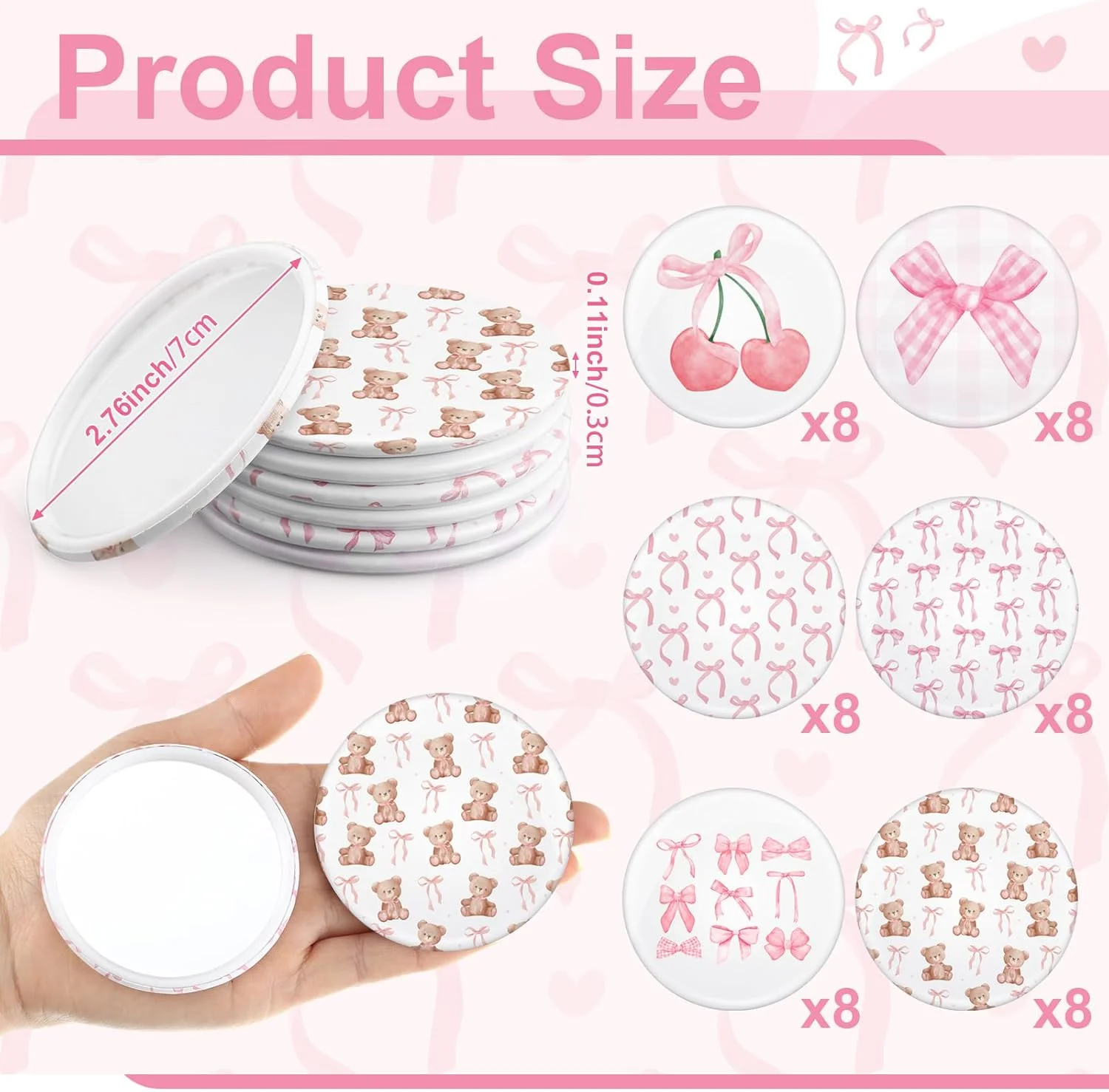 آینه های جیبی کوچک پاپیونی صورتی Yaomiao، 48 عدد، 6 مدل گرد، مناسب کیف پول، آینه آرایشی مسافرتی قابل حمل کوچک کننده، هدیه زیبایی شناسی برای مهمانی عروس خانم ها