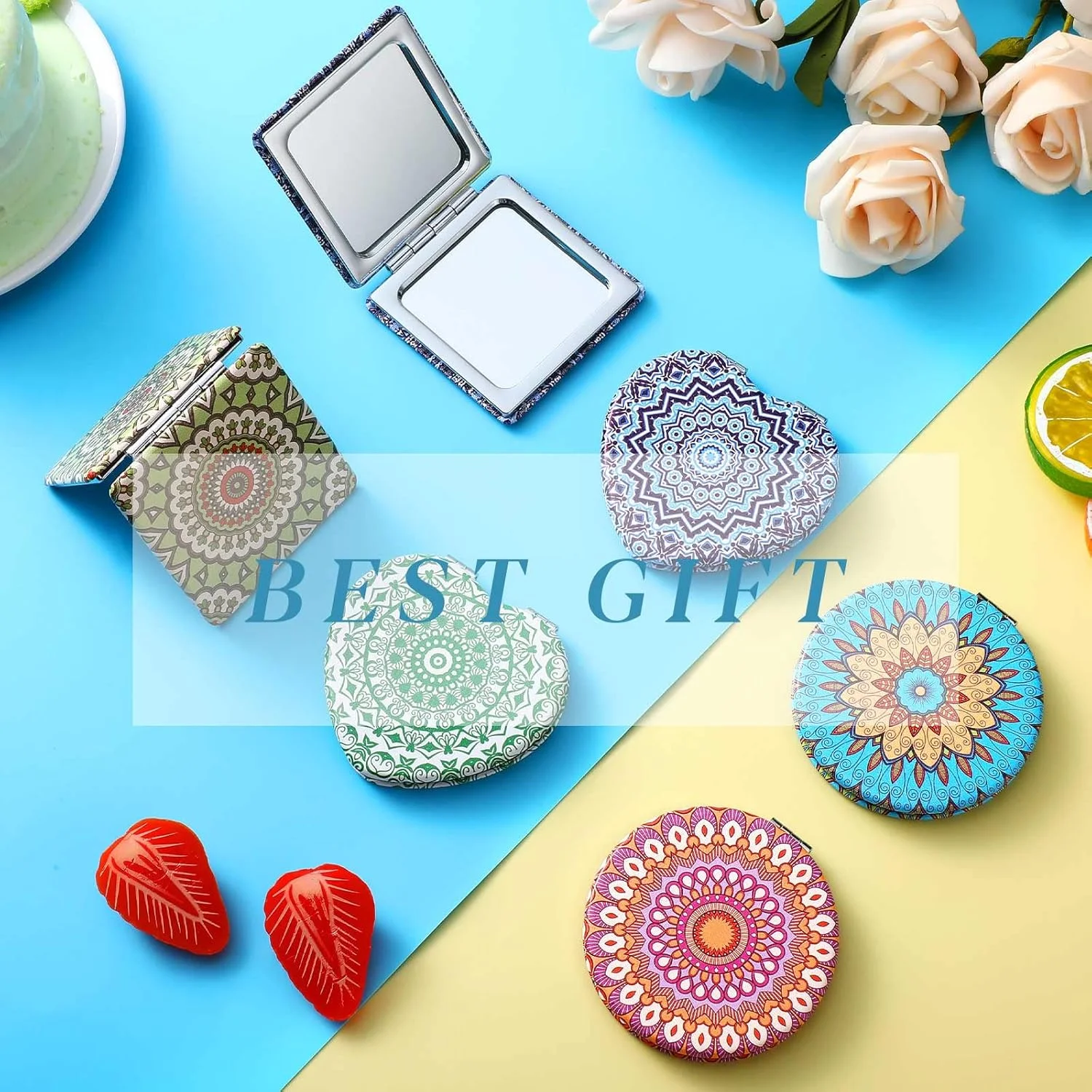 آینه جیبی طرح ماندالا Yalikop، آینه آرایشی کوچک مسافرتی، لوازم جانبی جمع و جور کیف پول، آینه جیبی دو طرفه بزرگنمایی زیبایی، آینه دستی تاشو چرمی PU قابل حمل برای زنان (12 عدد)