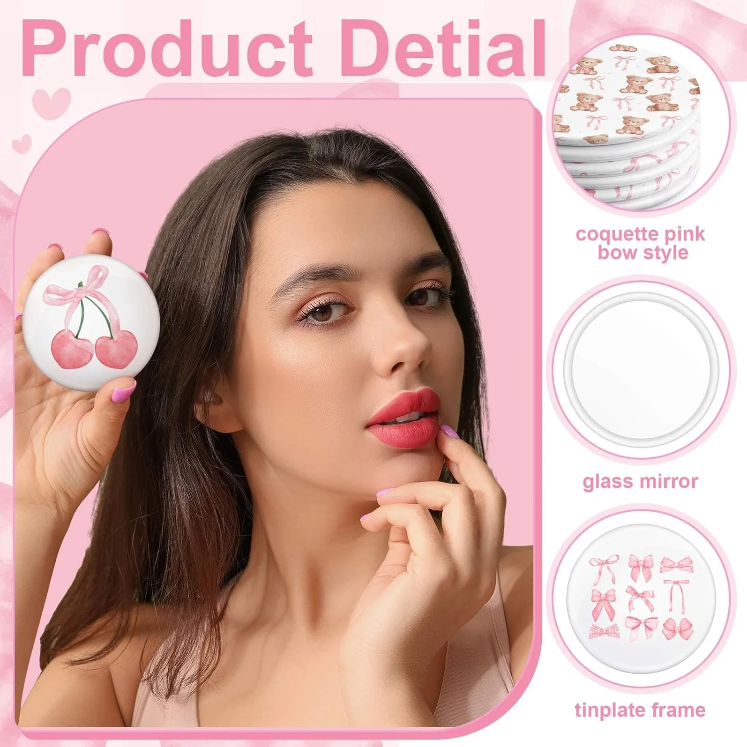 آینه های جیبی کوچک پاپیونی صورتی Yaomiao، 48 عدد، 6 مدل گرد، مناسب کیف پول، آینه آرایشی مسافرتی قابل حمل کوچک کننده، هدیه زیبایی شناسی برای مهمانی عروس خانم ها