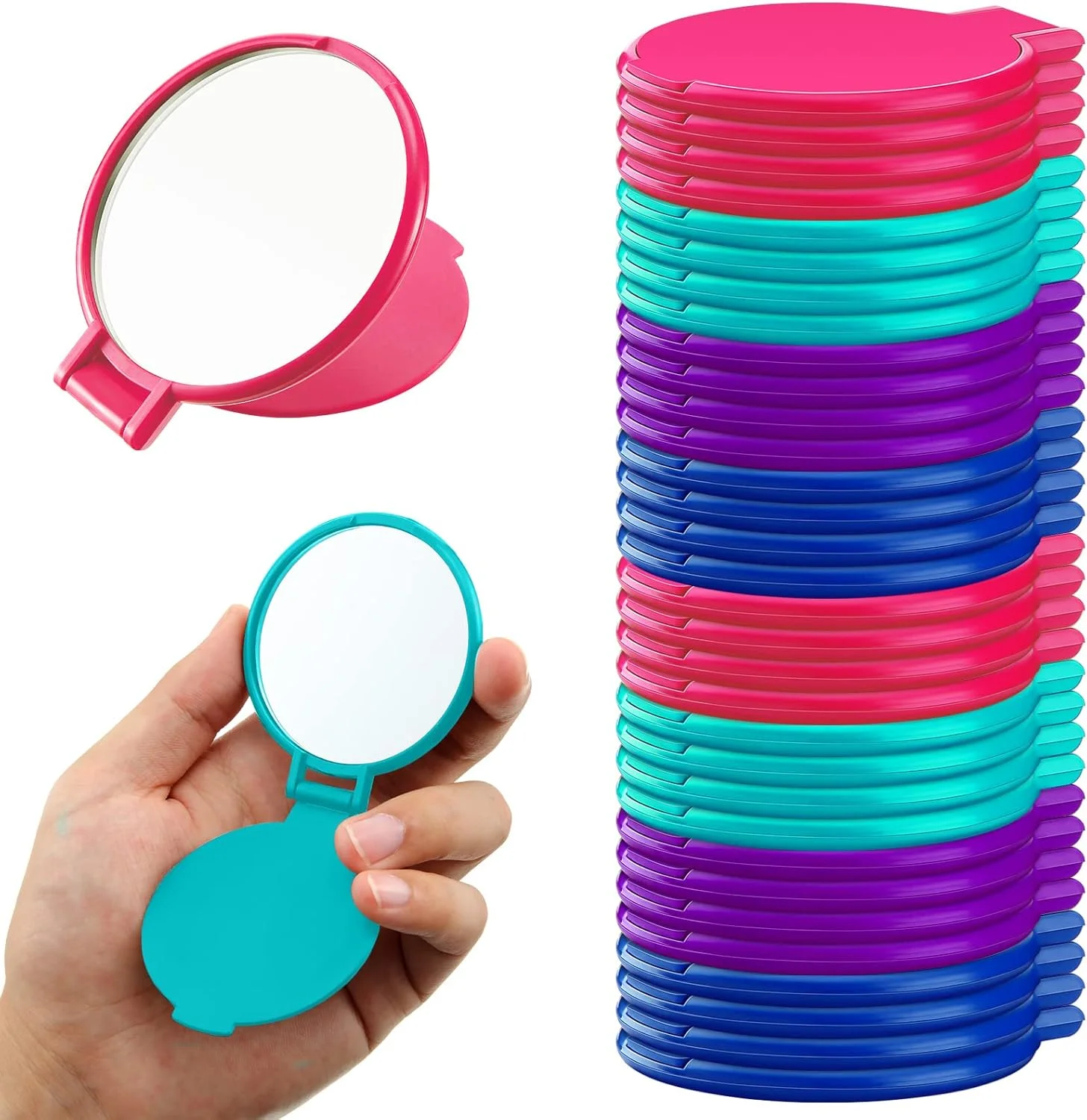 آینه آرایشی فشرده یلیکوپ 36 عددی، آینه کوچک گرد تاشو قابل حمل برای کیف پول، مناسب استفاده روزانه بانوان در سفر (صورتی، بنفش، سبز، آبی)
