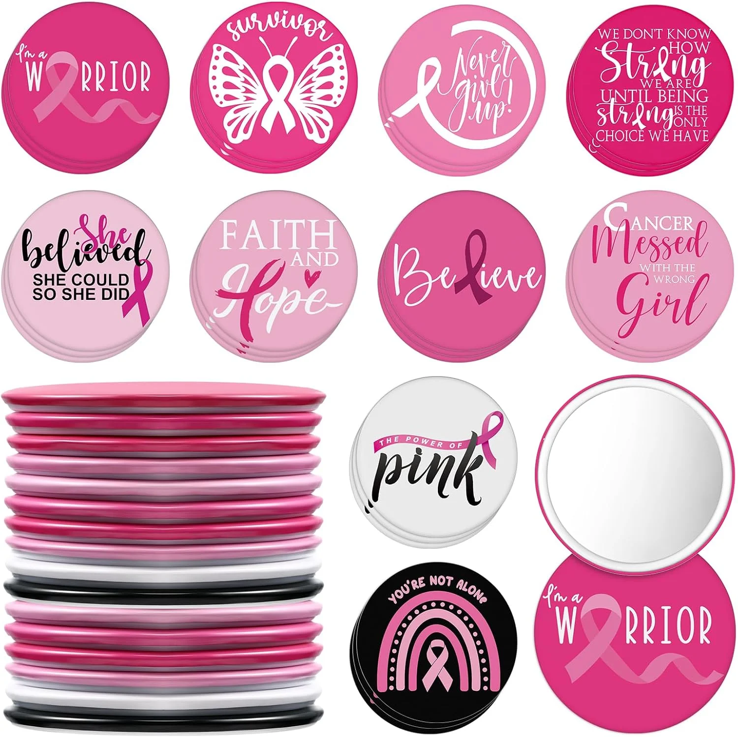 Wonderjune 30 Pcs Breast Cancer Awareness Gifts Pocket Mirror Bulk Portable Travel Mirrors Pink Ribbon Makeup Mirror Breast Cancer Awareness Compact Mirror for Women Cancer Survivor Gift