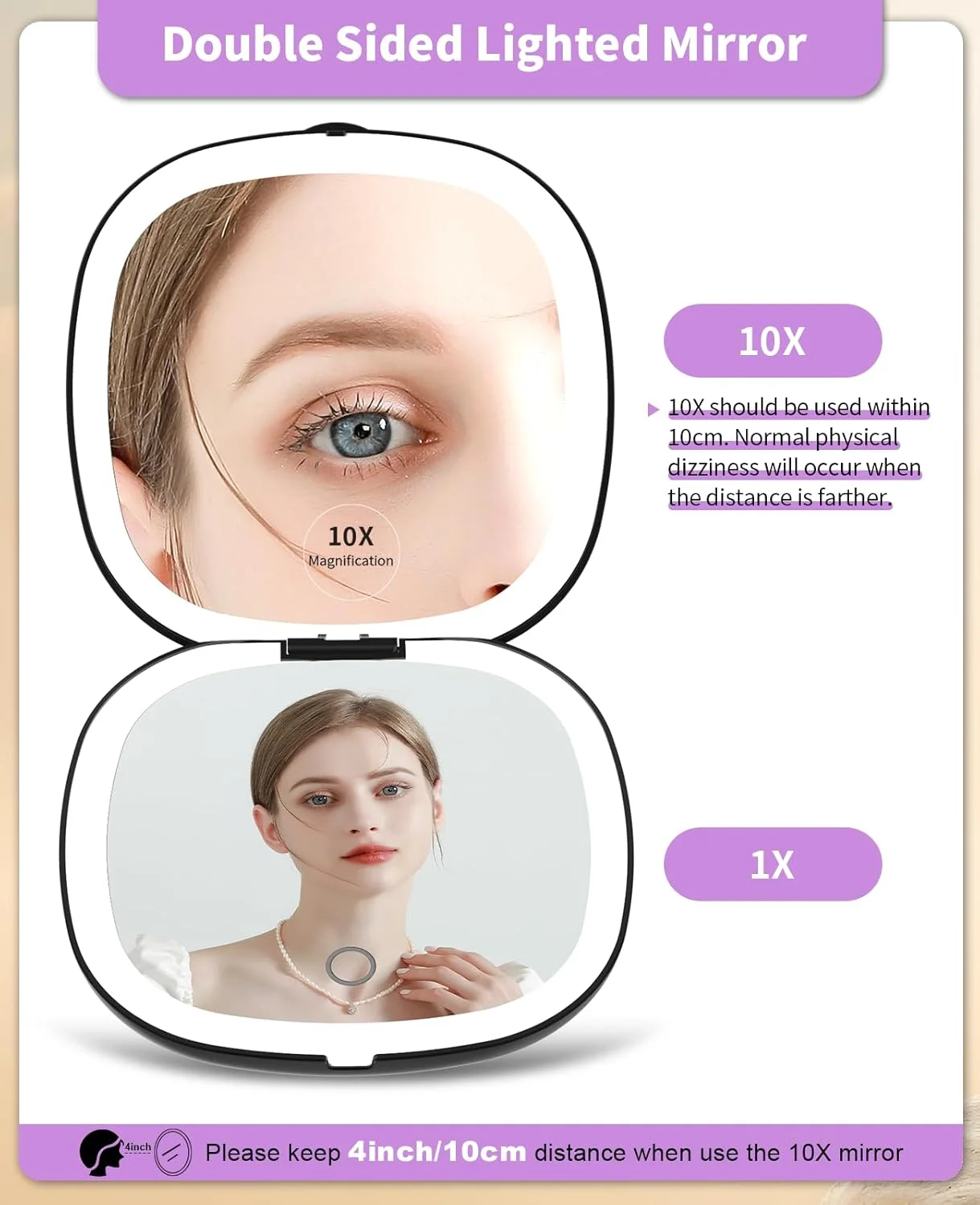 آینه مسافرتی چراغ دار Wobsion، آینه بزرگنمایی فشرده 1x/10x قابل شارژ، آینه جیبی با قابلیت تنظیم نور، آینه دو طرفه دستی با چراغ، سایز مسافرتی 4 اینچی، قابل حمل برای کیف دستی، کیف پول، هدیه، مشکی