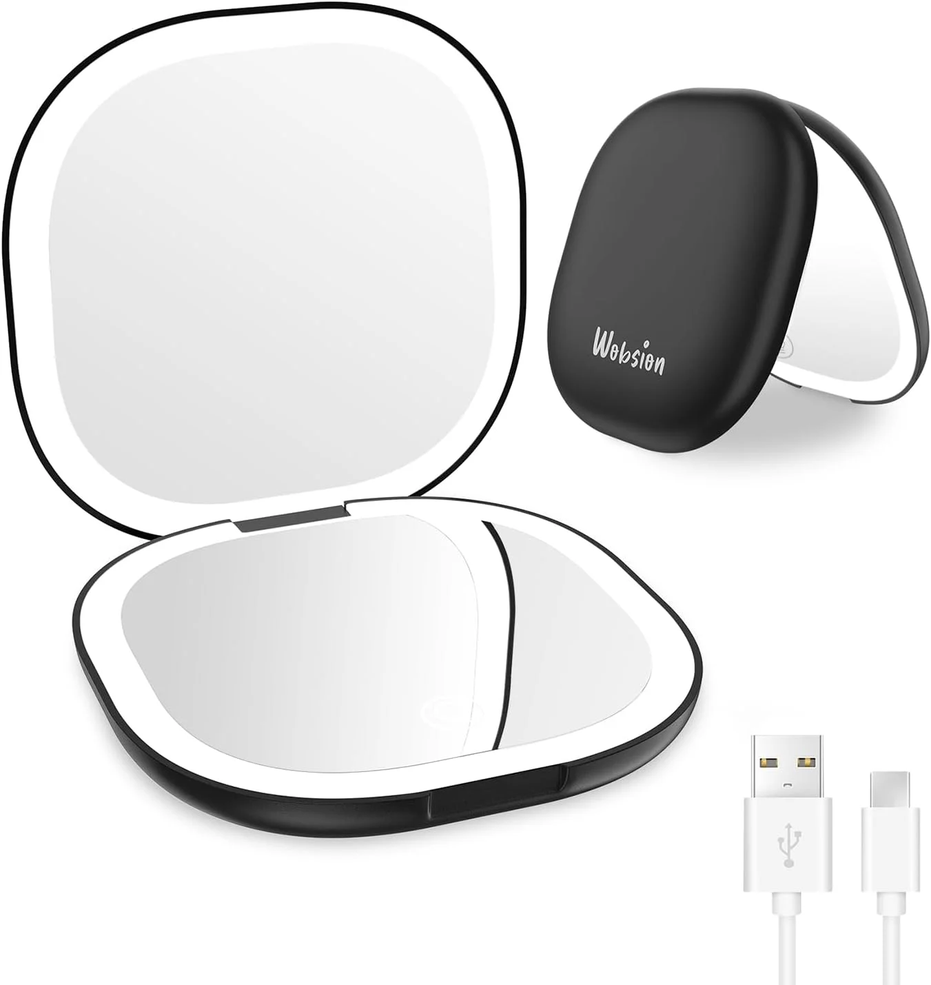 wobsion Travel Mirror with Light, Rechargeable 1x/10x Compact Magnifying Mirror, Dimmable Pocket Mirror,Handheld 2-Side Mirror with Light,3.5 inch Travel Size,Portable for Handbag,Purse,Gift,Black