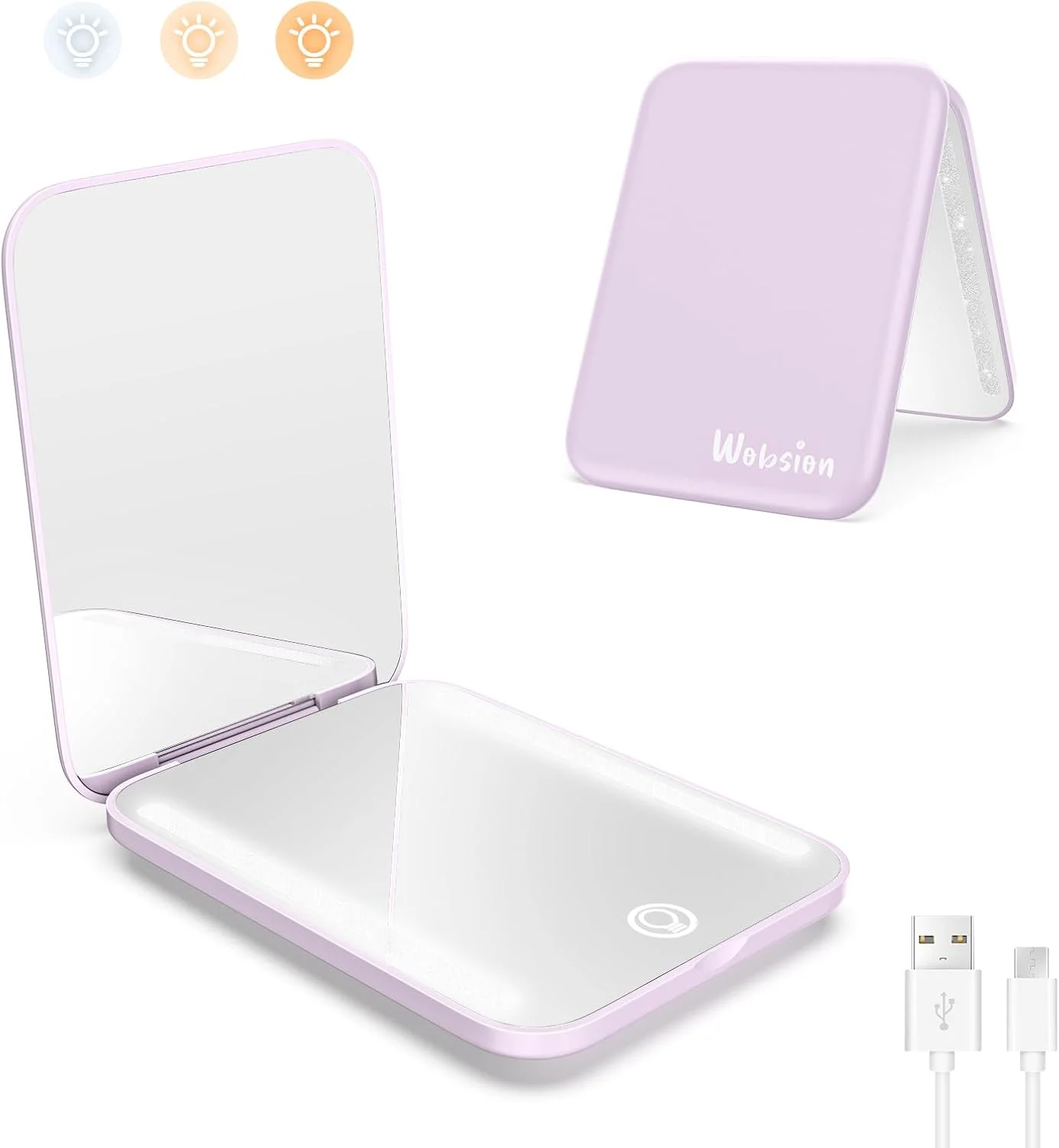 wobsion Travel Mirror with Light,1x/3x Compact Magnifying Mirror for Makeup,3 Color Modes,Portable Rechargeable Mini Mirror for Purse,Pocket,Gift,Purple