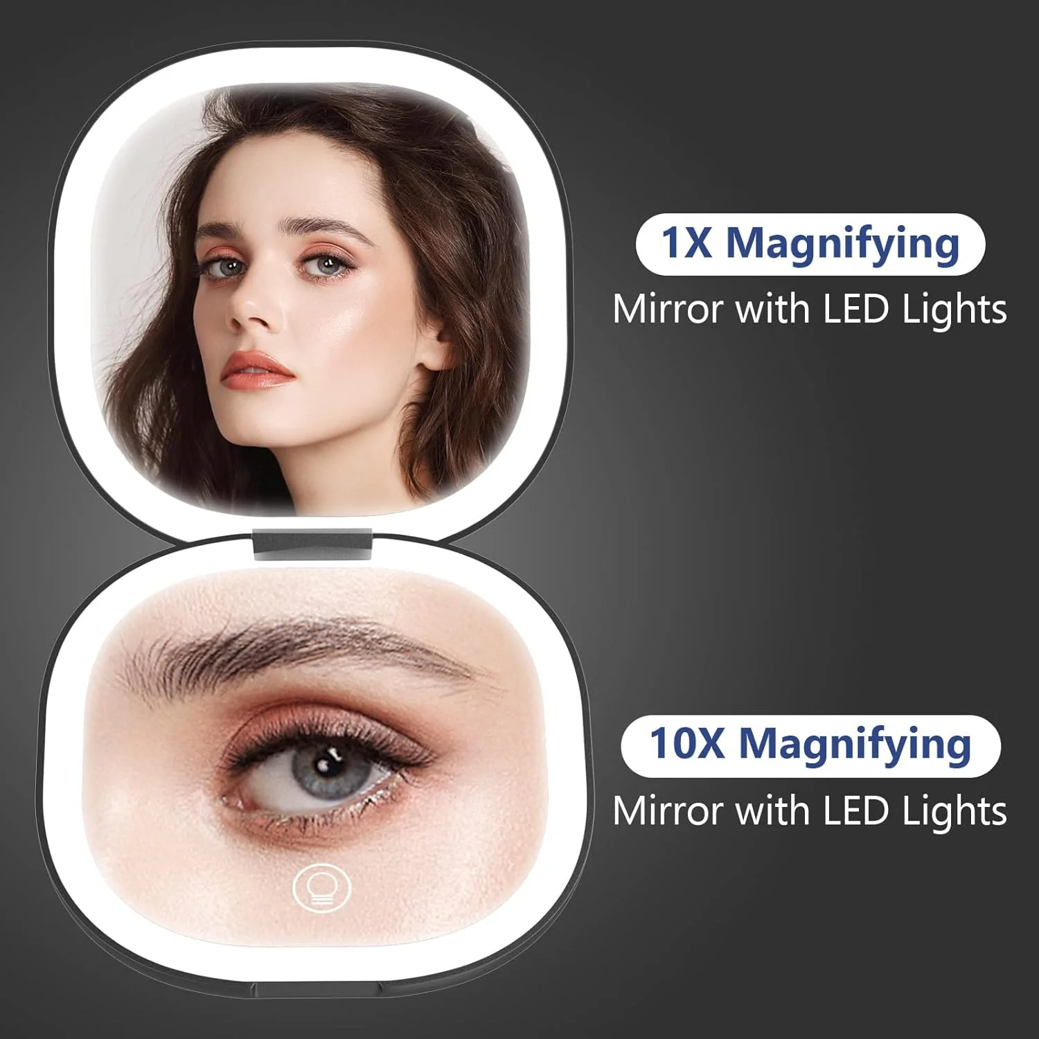 wobsion Travel Mirror with Light, Rechargeable 1x/10x Compact Magnifying Mirror, Dimmable Pocket Mirror,Handheld 2-Side Mirror with Light,3.5 inch Travel Size,Portable for Handbag,Purse,Gift,Black