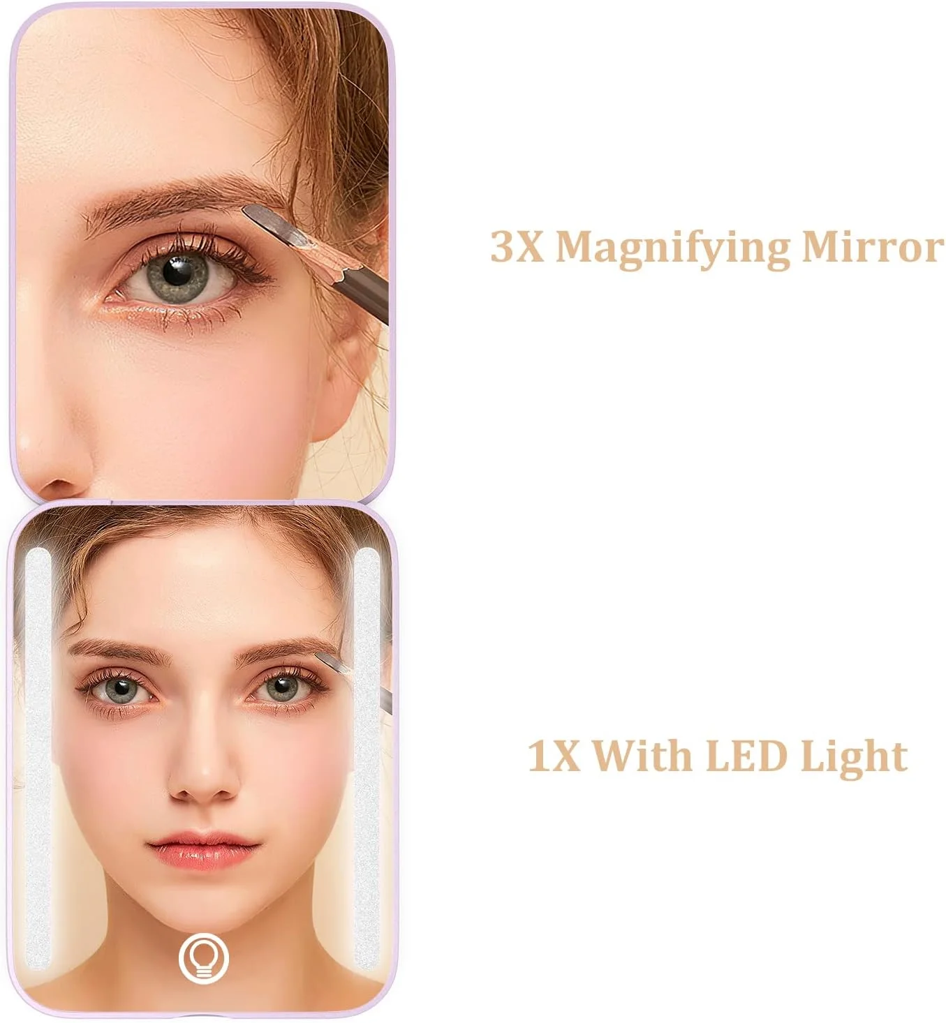 wobsion Travel Mirror with Light,1x/3x Compact Magnifying Mirror for Makeup,3 Color Modes,Portable Rechargeable Mini Mirror for Purse,Pocket,Gift,Purple