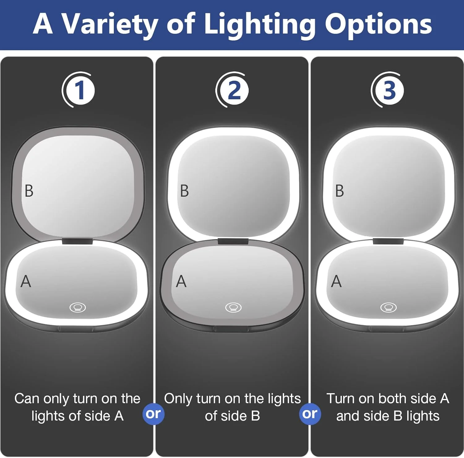 wobsion Travel Mirror with Light, Rechargeable 1x/10x Compact Magnifying Mirror, Dimmable Pocket Mirror,Handheld 2-Side Mirror with Light,3.5 inch Travel Size,Portable for Handbag,Purse,Gift,Black