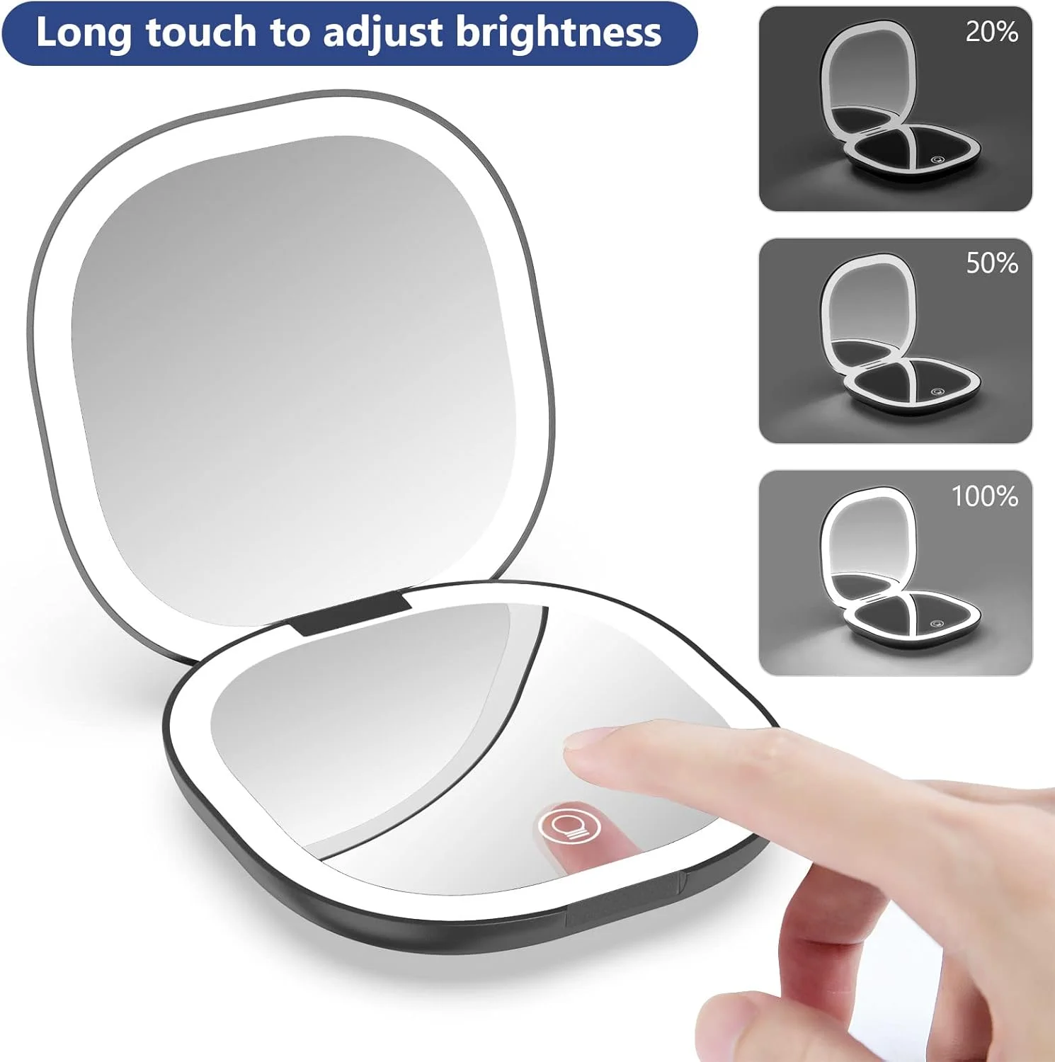 wobsion Travel Mirror with Light, Rechargeable 1x/10x Compact Magnifying Mirror, Dimmable Pocket Mirror,Handheld 2-Side Mirror with Light,3.5 inch Travel Size,Portable for Handbag,Purse,Gift,Black