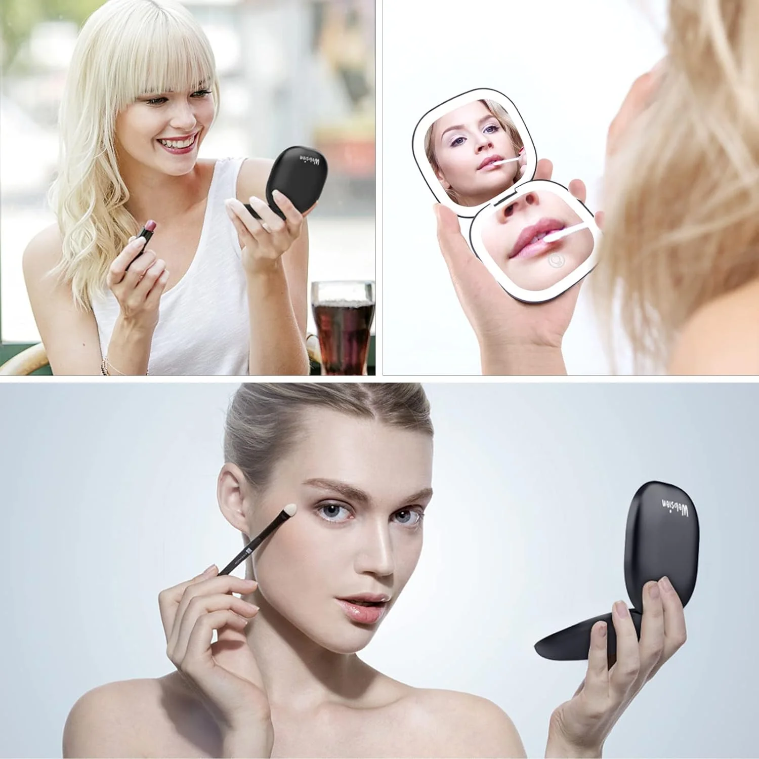 wobsion Travel Mirror with Light, Rechargeable 1x/10x Compact Magnifying Mirror, Dimmable Pocket Mirror,Handheld 2-Side Mirror with Light,3.5 inch Travel Size,Portable for Handbag,Purse,Gift,Black