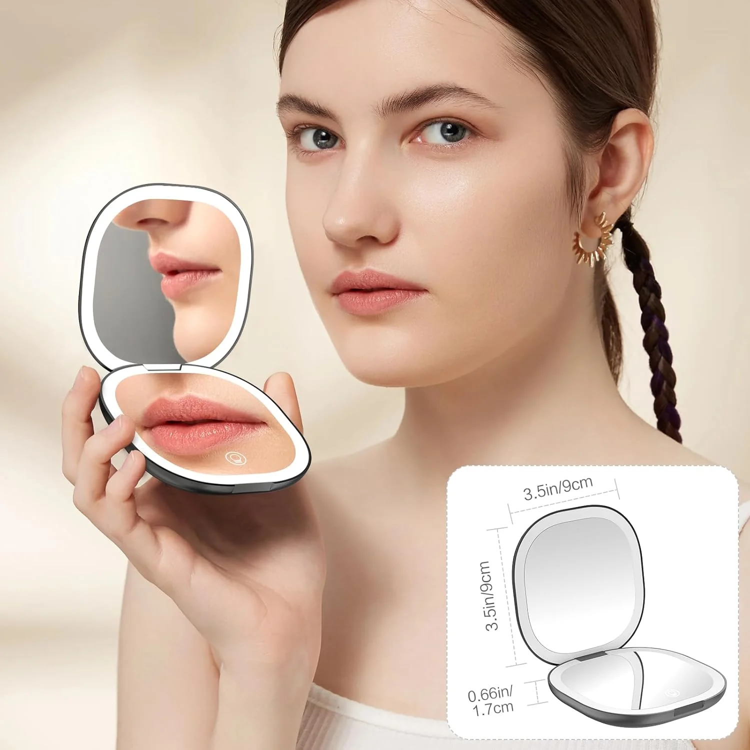 wobsion Travel Mirror with Light, Rechargeable 1x/10x Compact Magnifying Mirror, Dimmable Pocket Mirror,Handheld 2-Side Mirror with Light,3.5 inch Travel Size,Portable for Handbag,Purse,Gift,Black