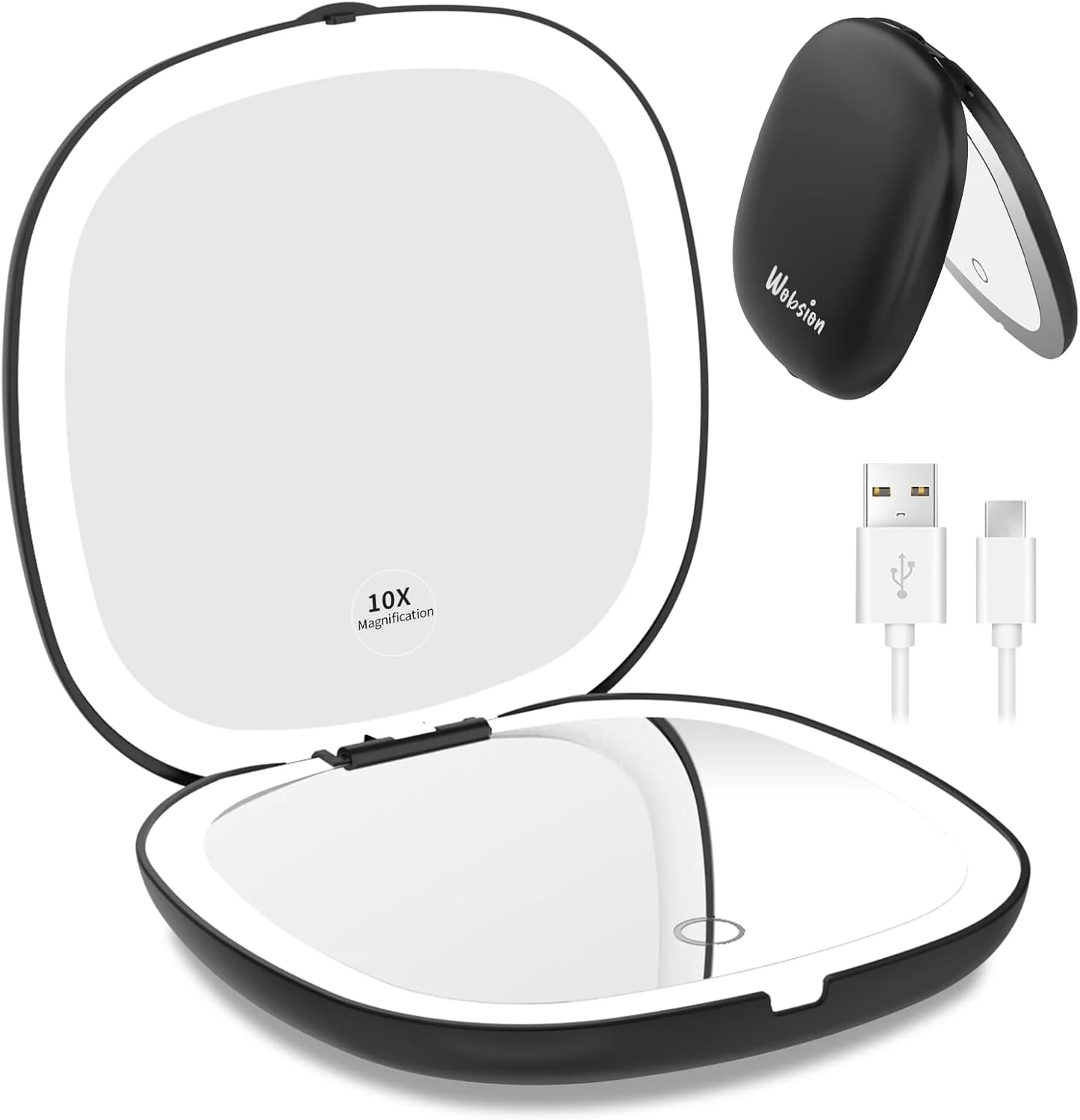 Wobsion Portable LED Pocket Mirror with Magnification 1×/10×, 750 mAh USB Rechargeable Travel Mirror with Dimmable, Hand Mirror Double Sided with Light, Travel Mirror Foldable, Gifts for Girls, Black